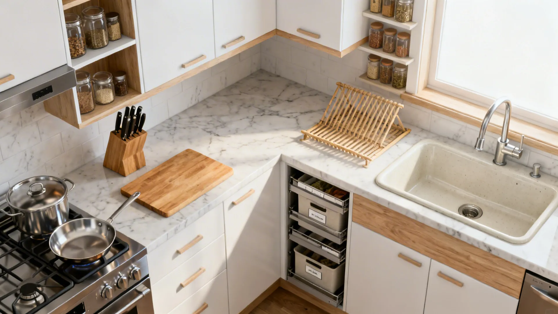 Modern kitchen with white cabinets marble countertop stove sink and pull out storage rack design