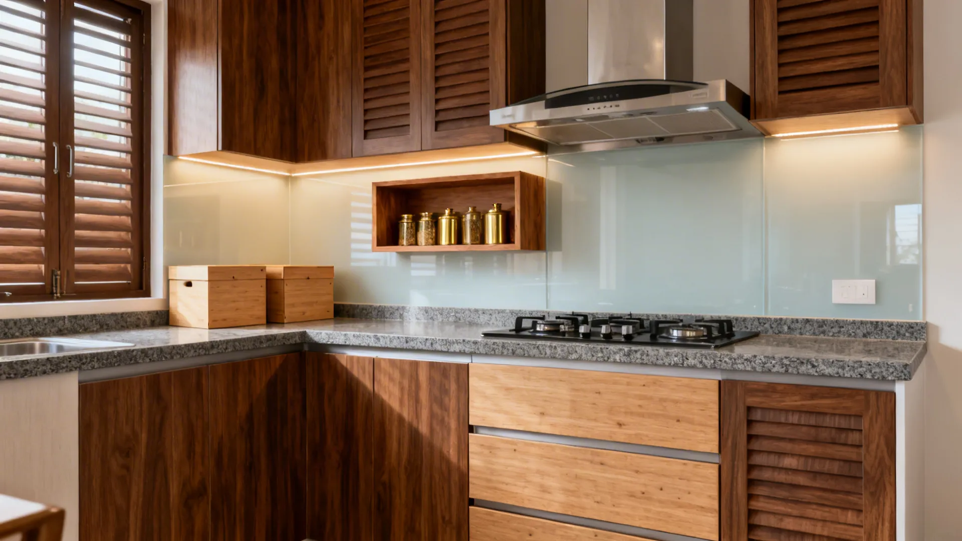 Realistic 9x8 ft Kerala kitchen with walnut laminate, glass backsplash, chimney, and teak niche.