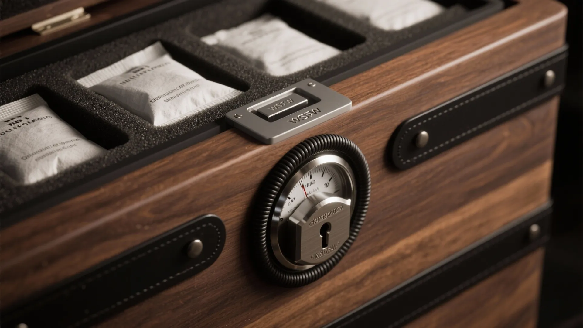 Wooden storage box with round metal lock dial containing several small white bags inside compartments
