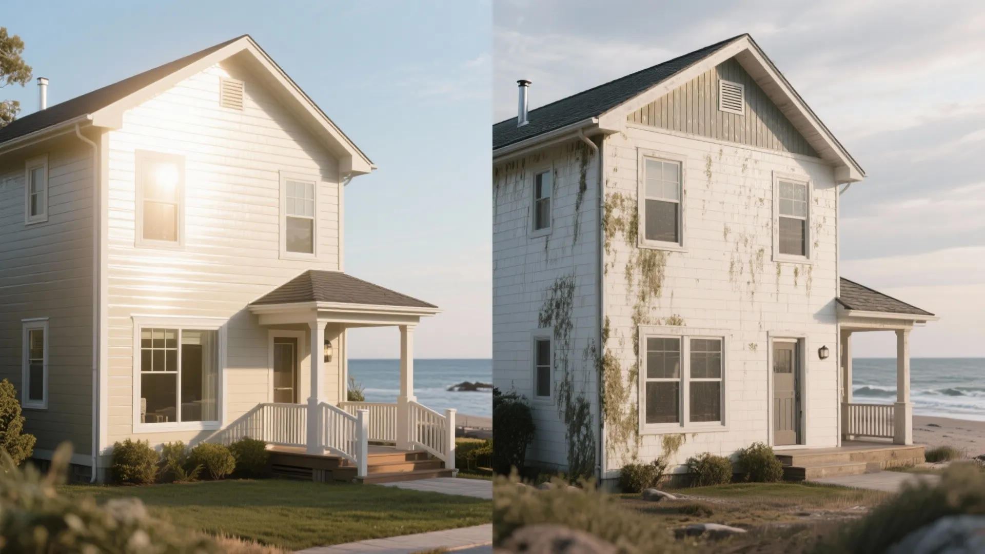 Side by side comparison of a clean yellow house and a weathered white beach house