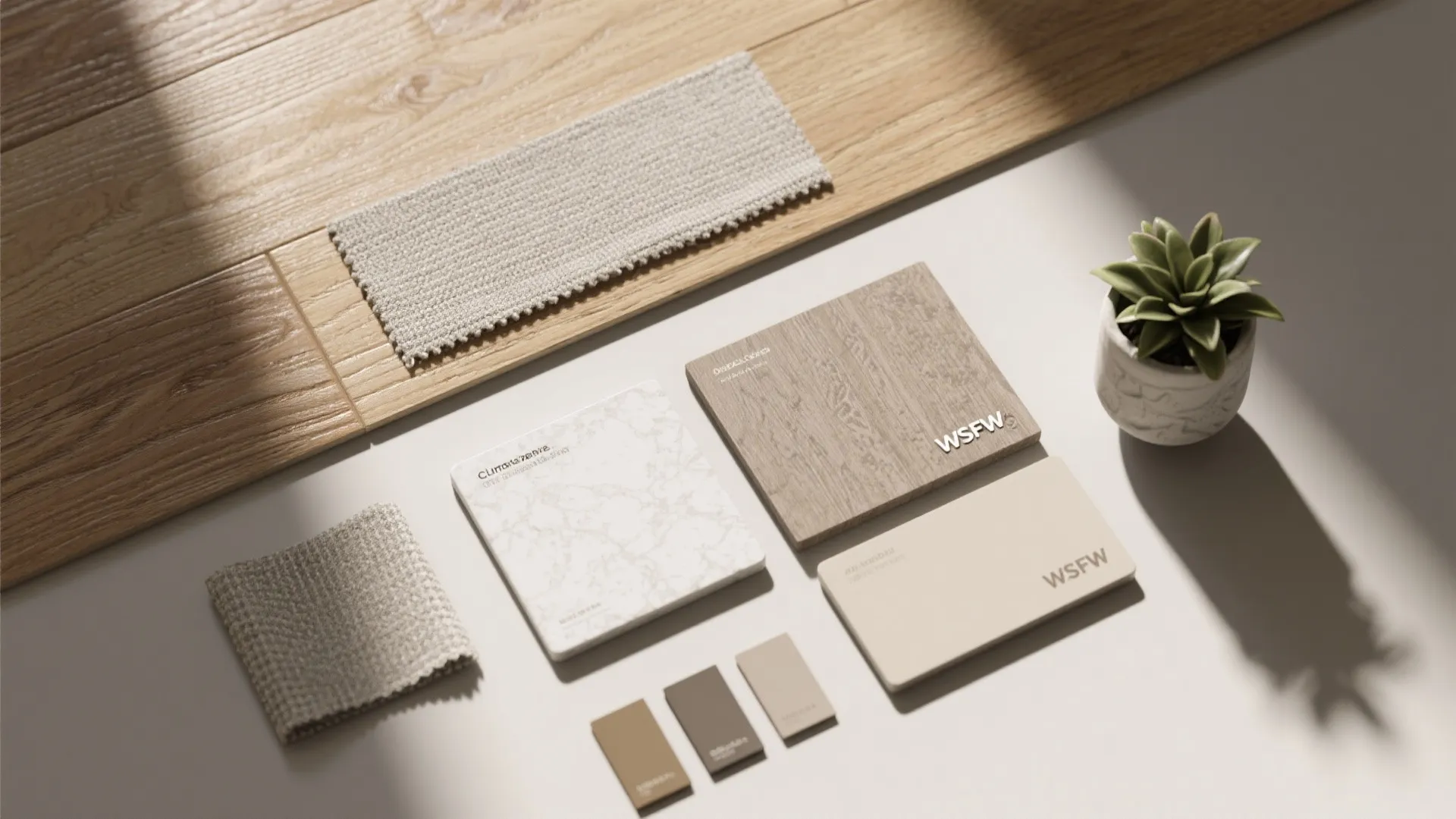Flatlay of waterproof vinyl plank, mildew-resistant textiles and easy-clean countertop samples