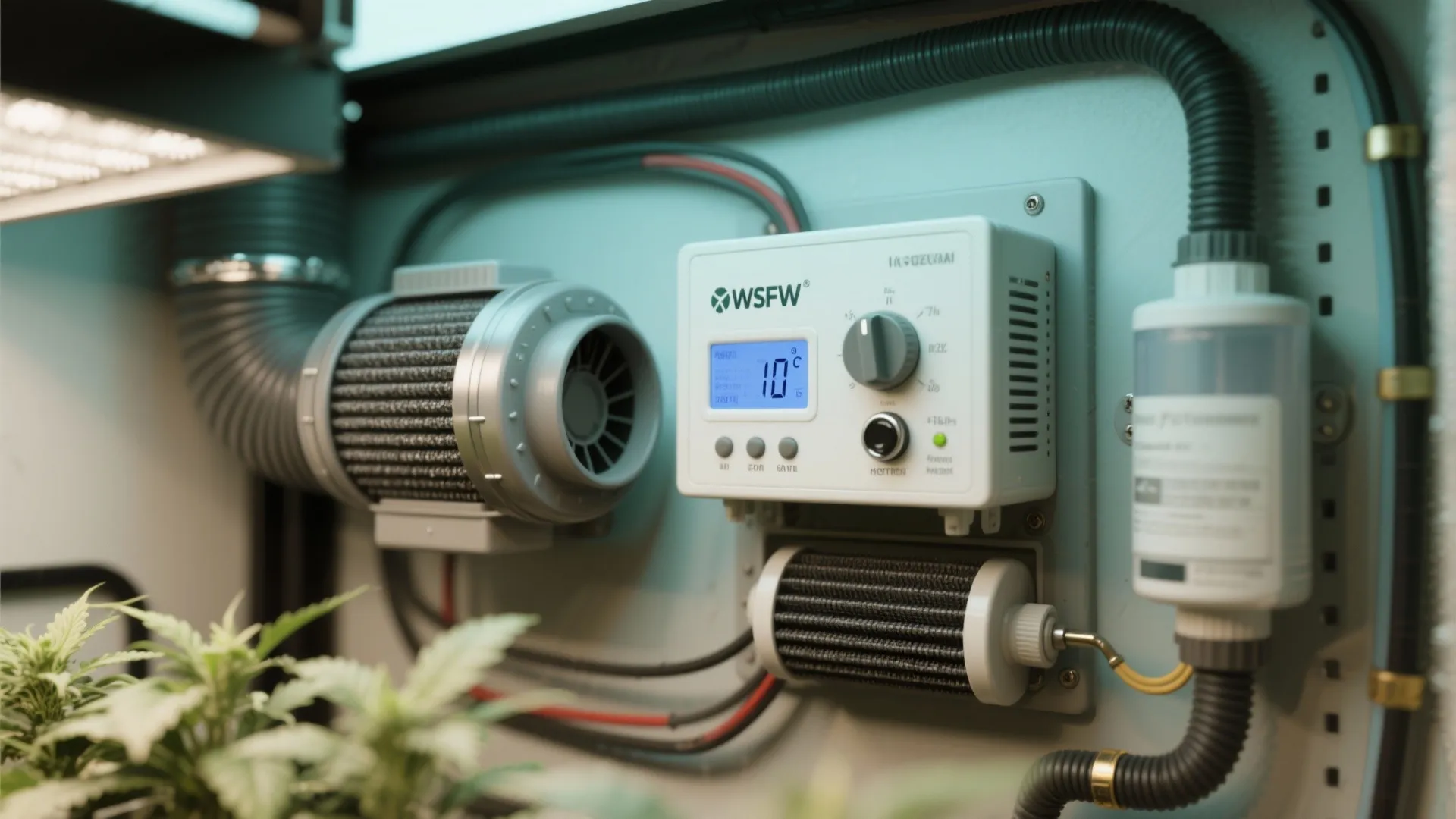 Digital control panel with temperature screen wires and air filters for an indoor plant setup