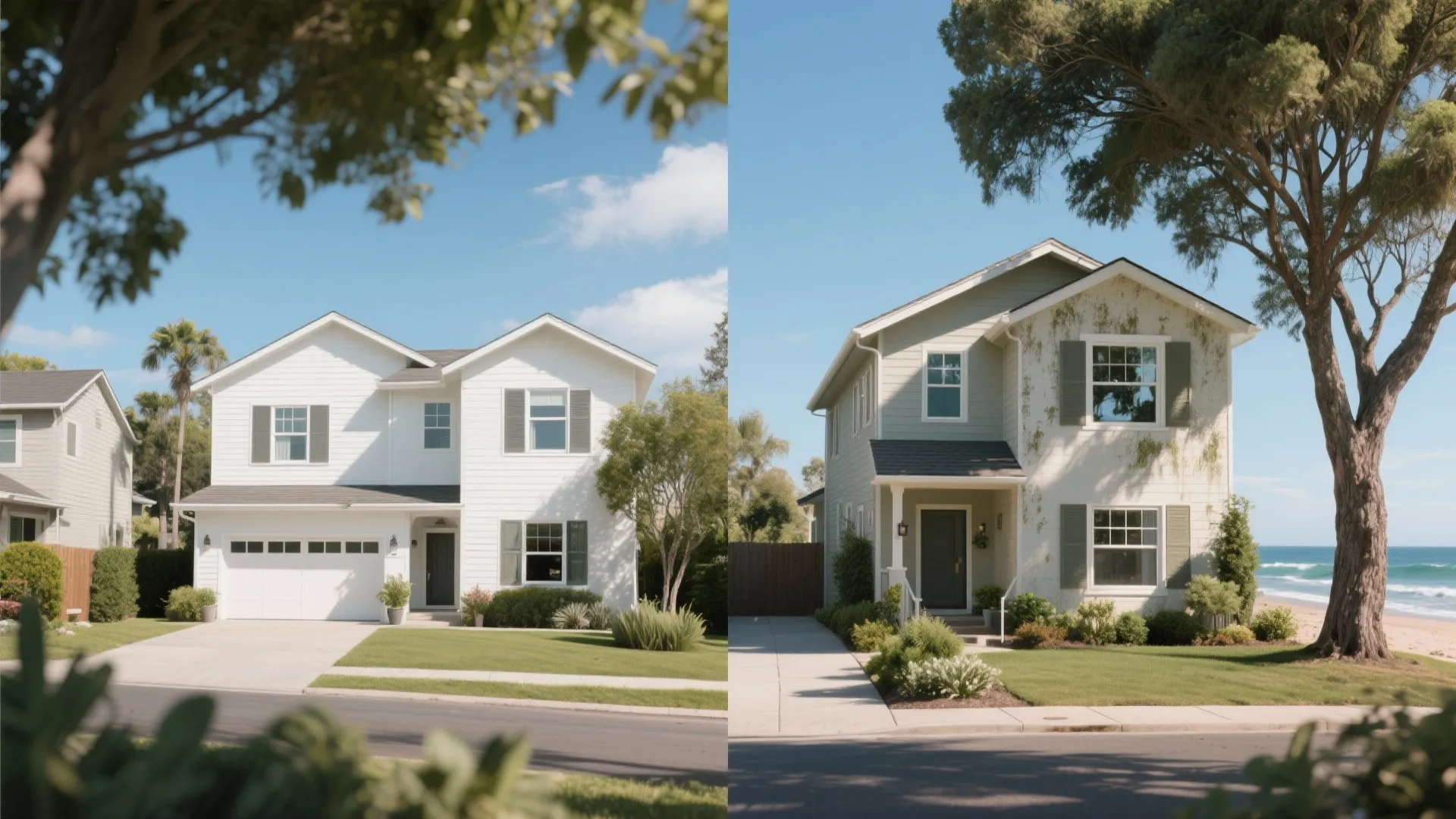 Two home scenarios showing white exteriors adapted for sunny suburban and coastal climates with appropriate landscaping and finishes.
