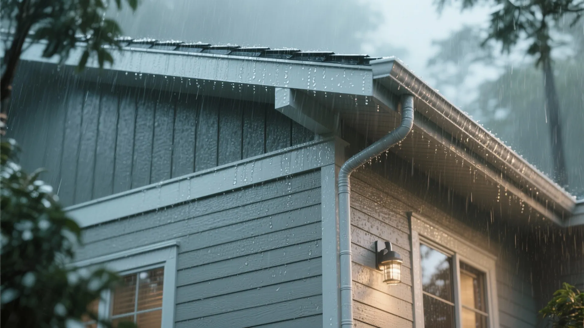 Exterior house wall with grey siding, white windows, and wall light during a heavy rain