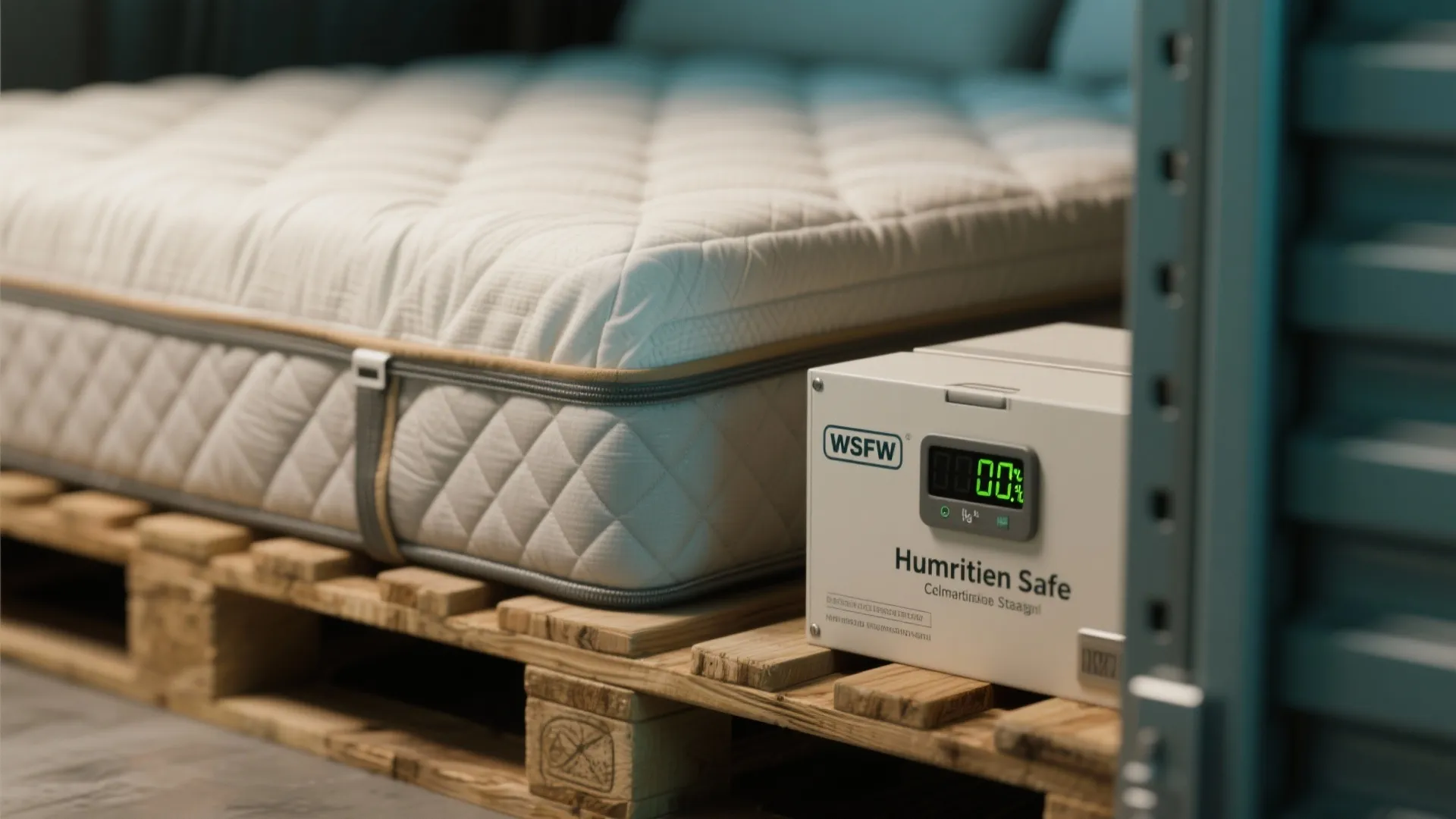 Close-up of protective covers, pallet and hygrometer in a climate-controlled unit