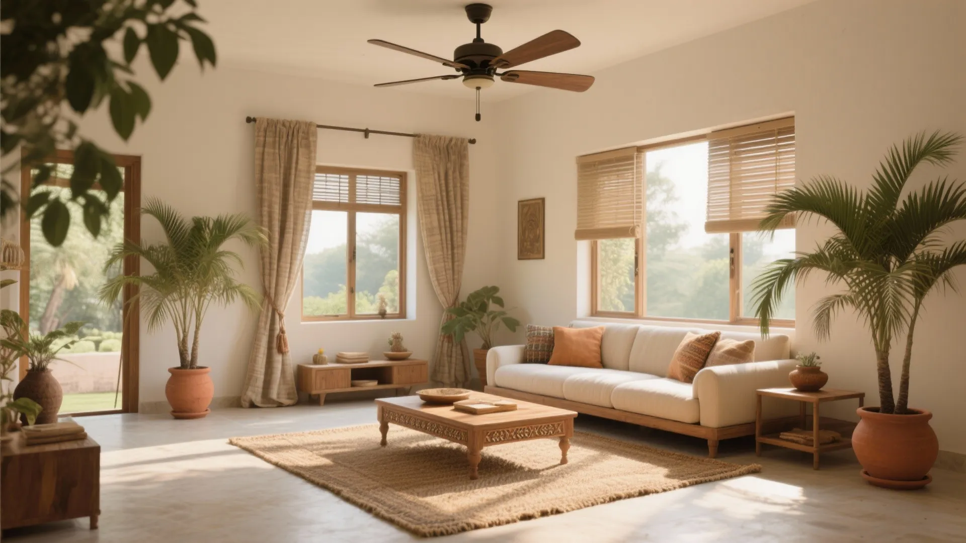 Airy living room with ceiling fan, khadi curtains, indoor palms, and a jute rug in soft daylight.
