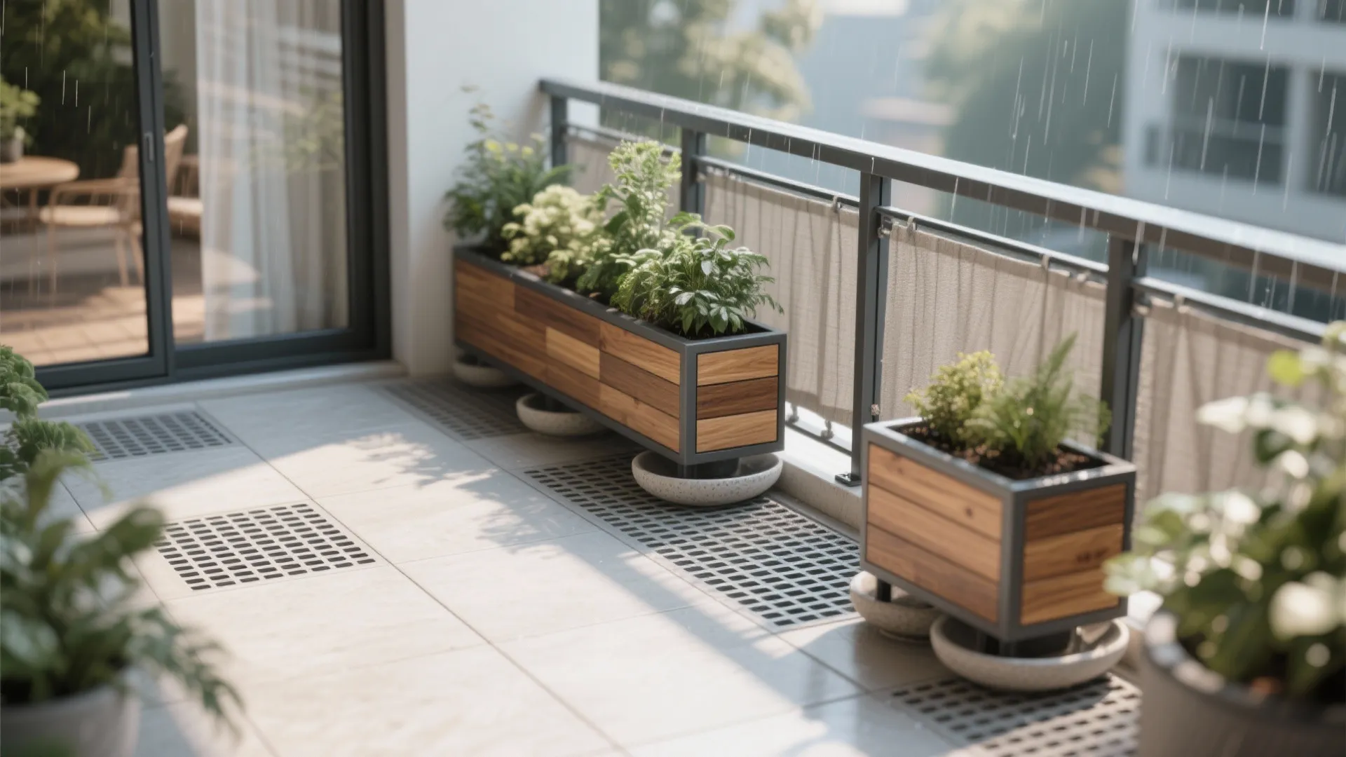 Wooden plant boxes on a modern balcony with grey tiles and railing during a rainy day