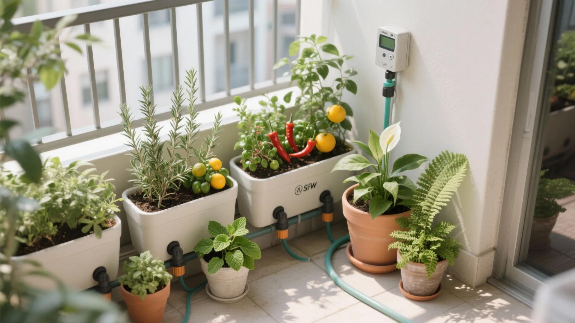 Balcony garden with automatic watering system connected to white planters and terracotta pots with herbs