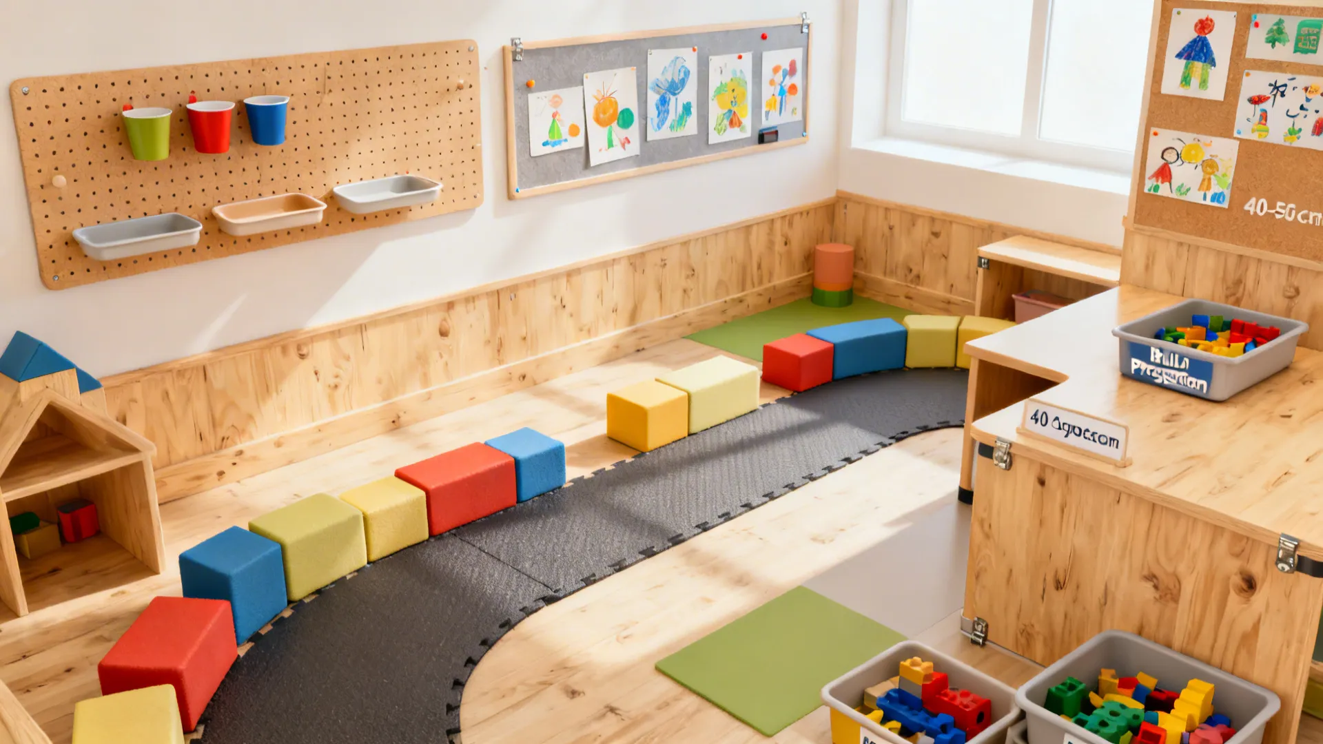 Modular foam block lane with low pegboard, magnetic art strip, and a child-height build surface.