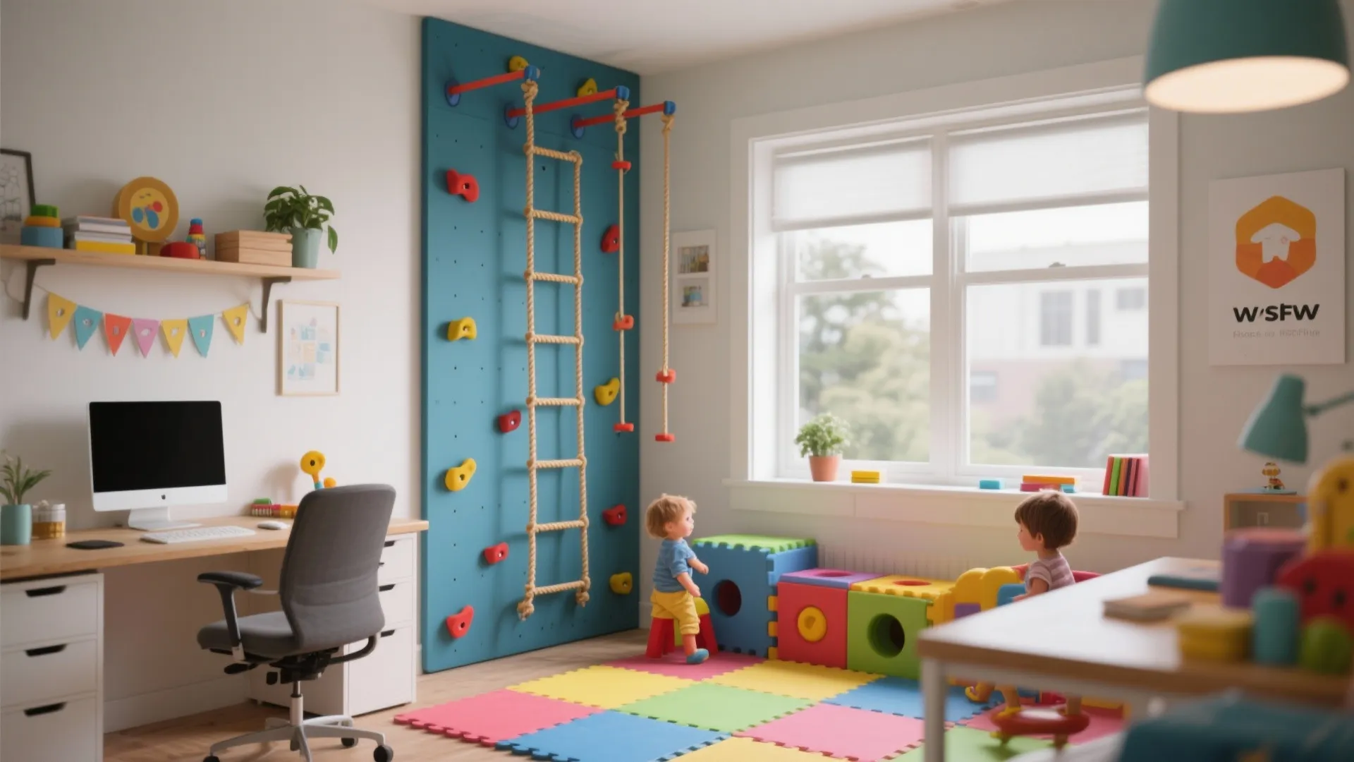 Kids playroom featuring a blue climbing wall with a rope ladder and colorful floor foam mats