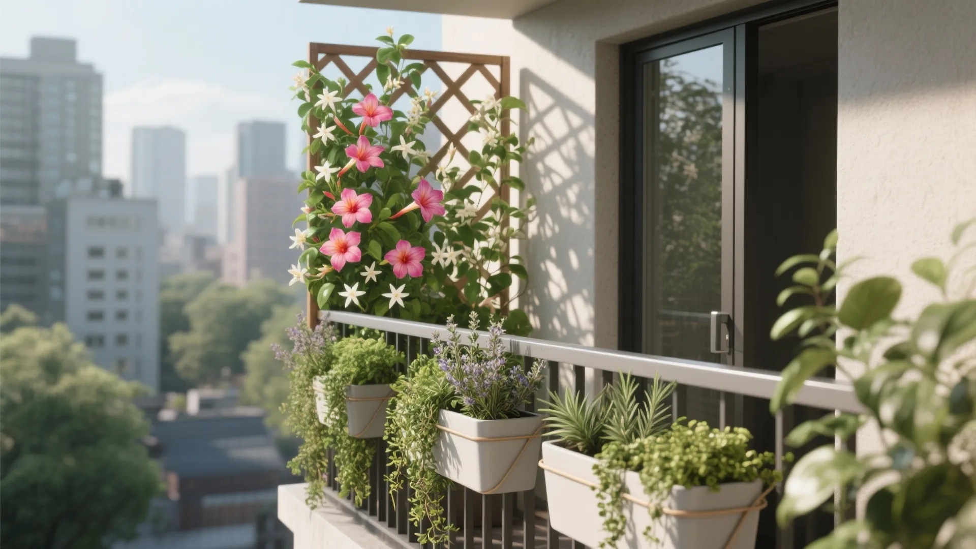 Slim trellis with star jasmine and mandevilla, plus rail planters with cascading herbs.