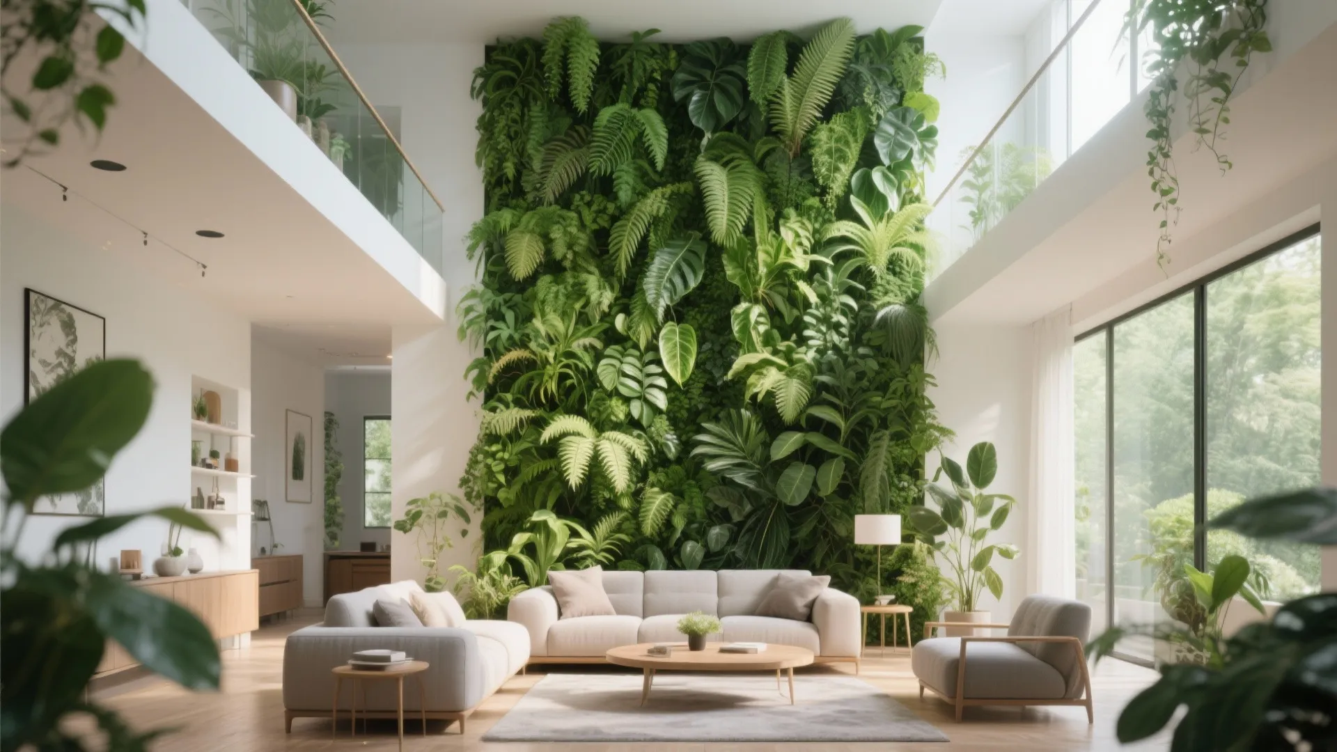 Spacious living room featuring a tall green plant wall white sofas and large glass windows