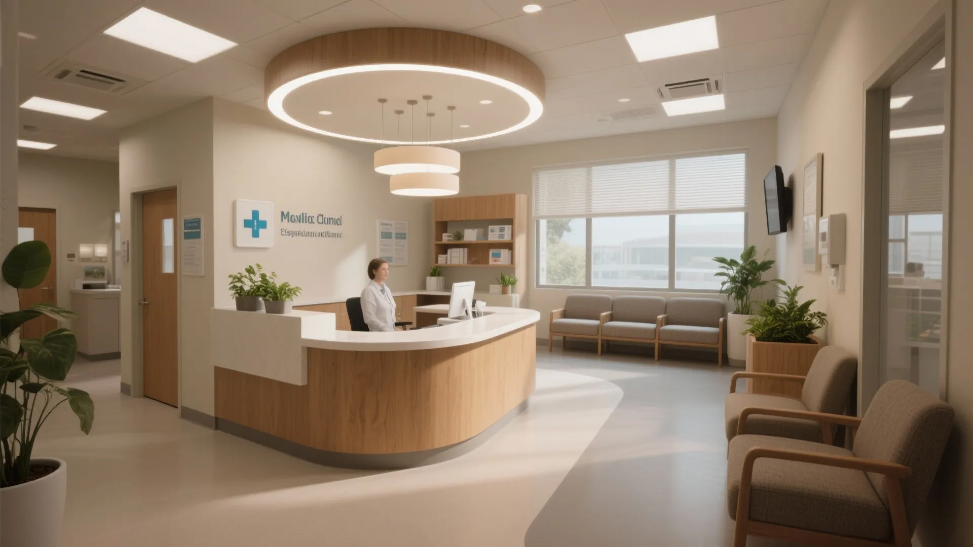 Modern clinic reception desk with wooden finish, bright ceiling lights, waiting chairs, plants, and windows