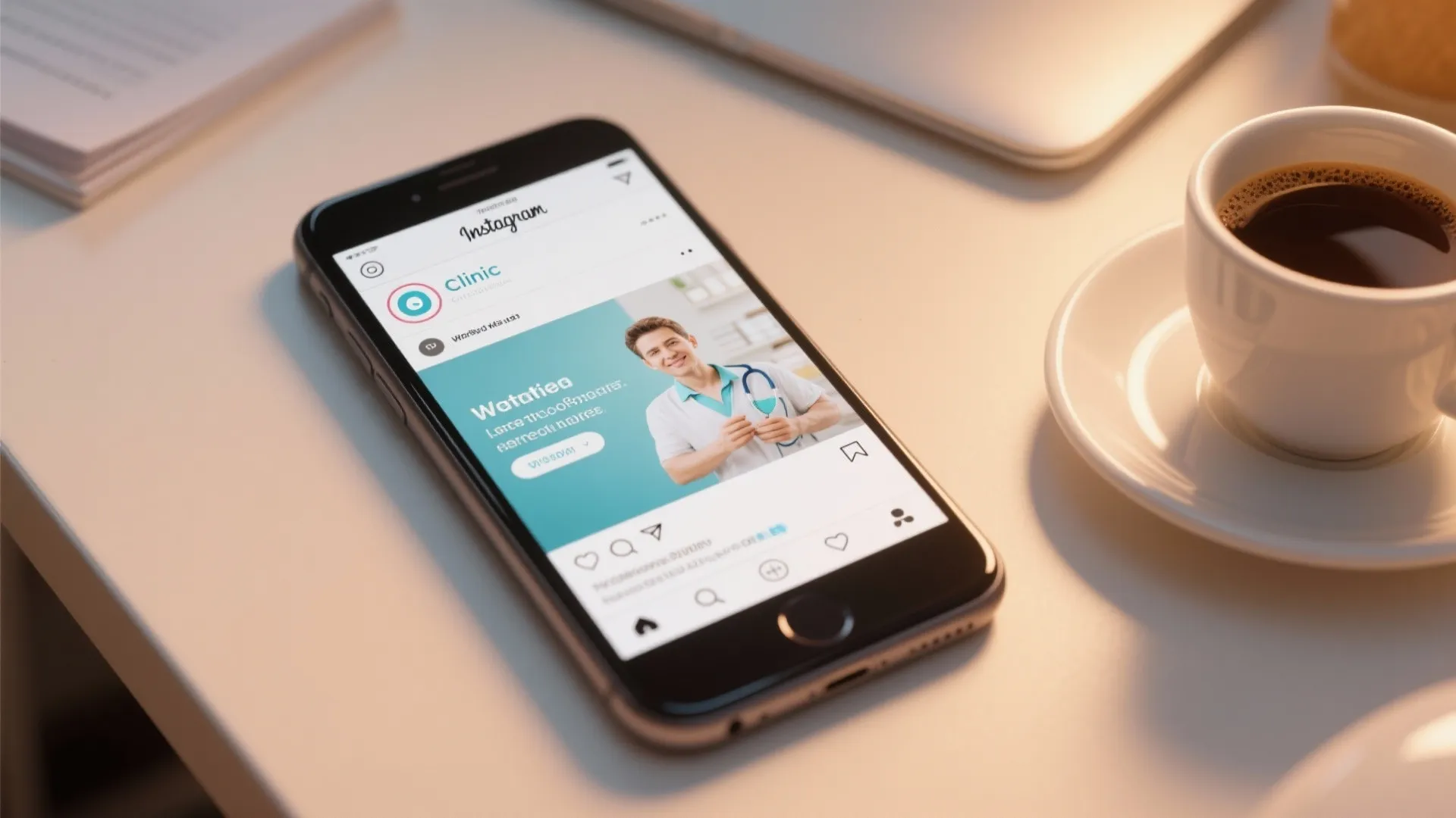 Smart phone on a desk showing an Instagram post next to a white coffee cup