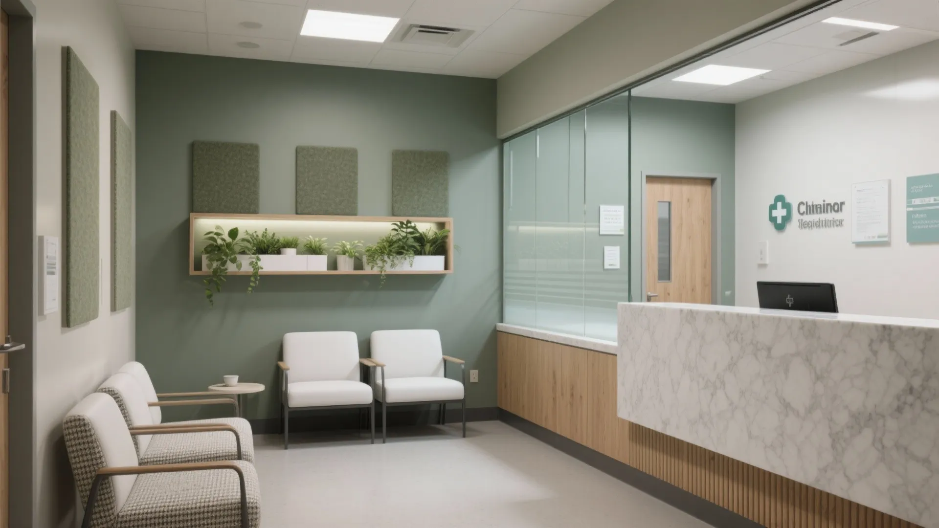Clinic waiting room with green wall panels, white chairs, indoor plants and marble reception desk