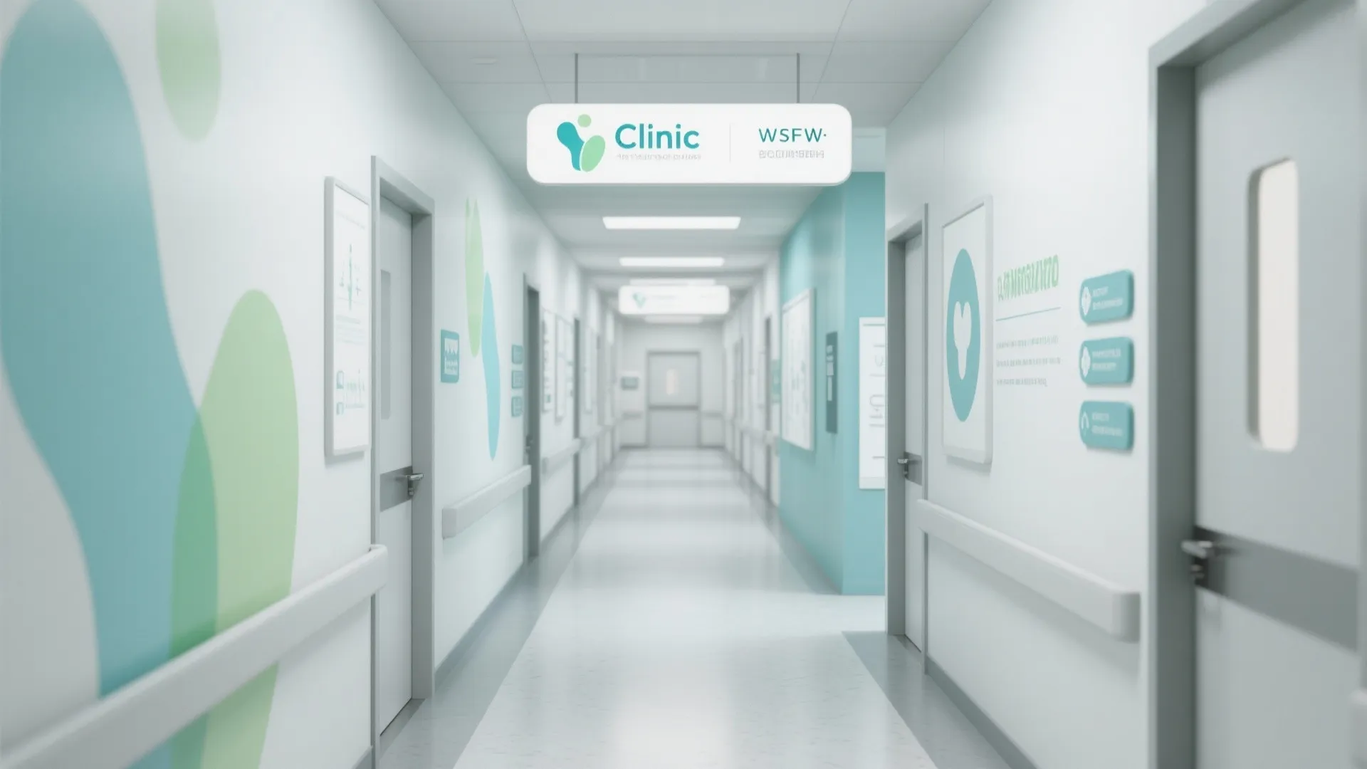 Modern clinic hallway featuring white walls teal accents hanging signs closed doors and ceiling lights