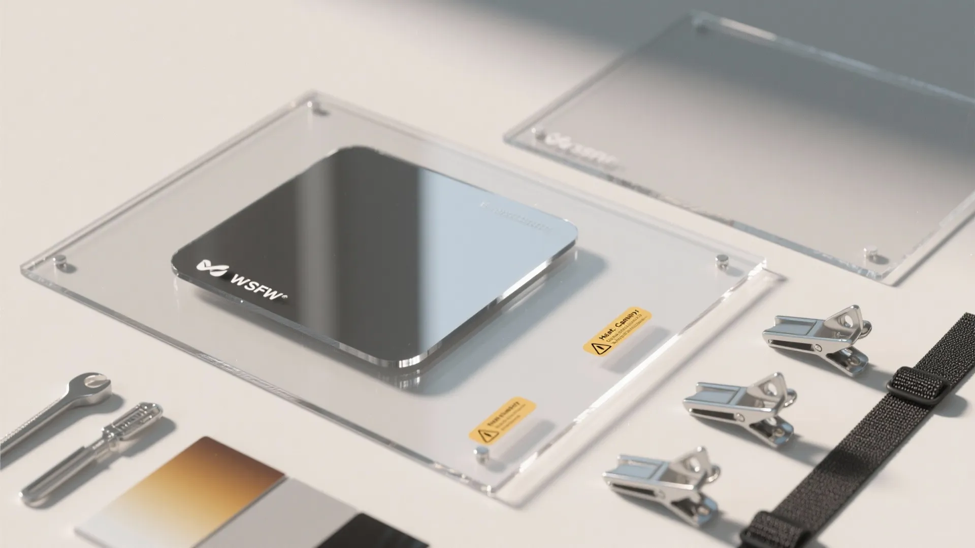 Flatlay of mirrored acrylic sheets, PET samples and velcro clips for clip-on fluorescent reflectors.