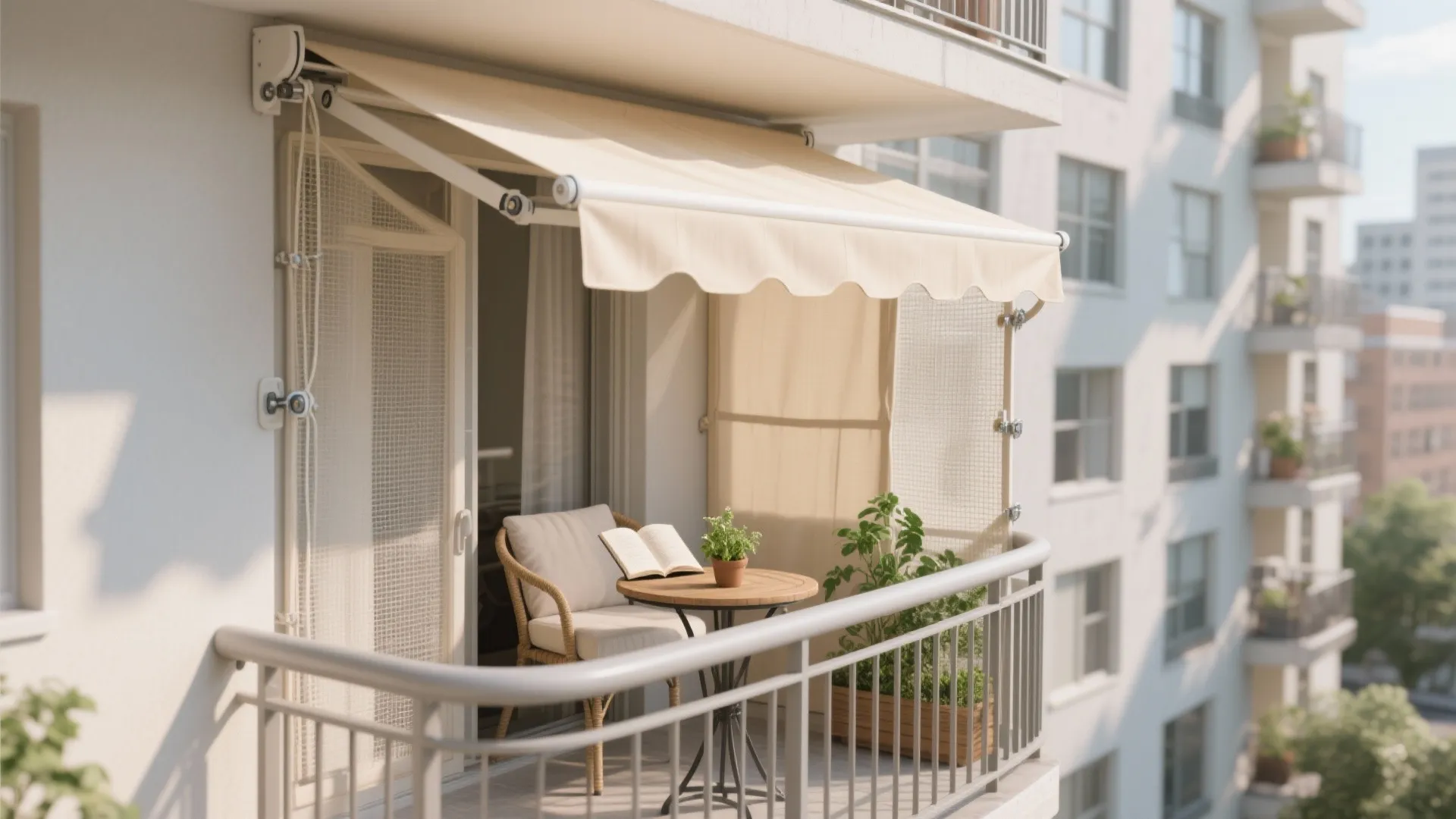 Small apartment balcony with a beige sun shade over a table chair and green plants