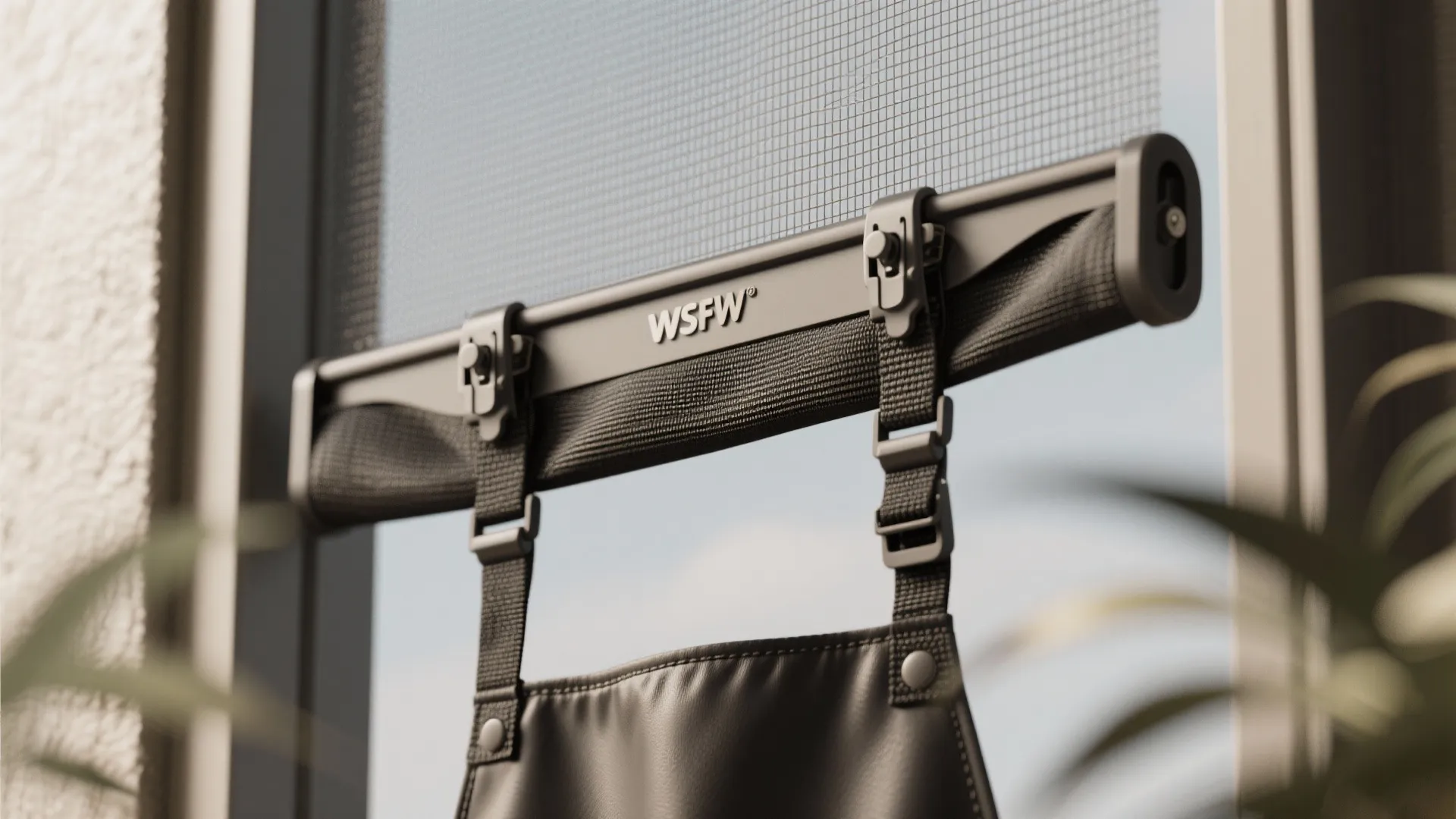 Close-up of a clip-on pet flap gripping a screen with a rubber-lined apron hanging below the clip.