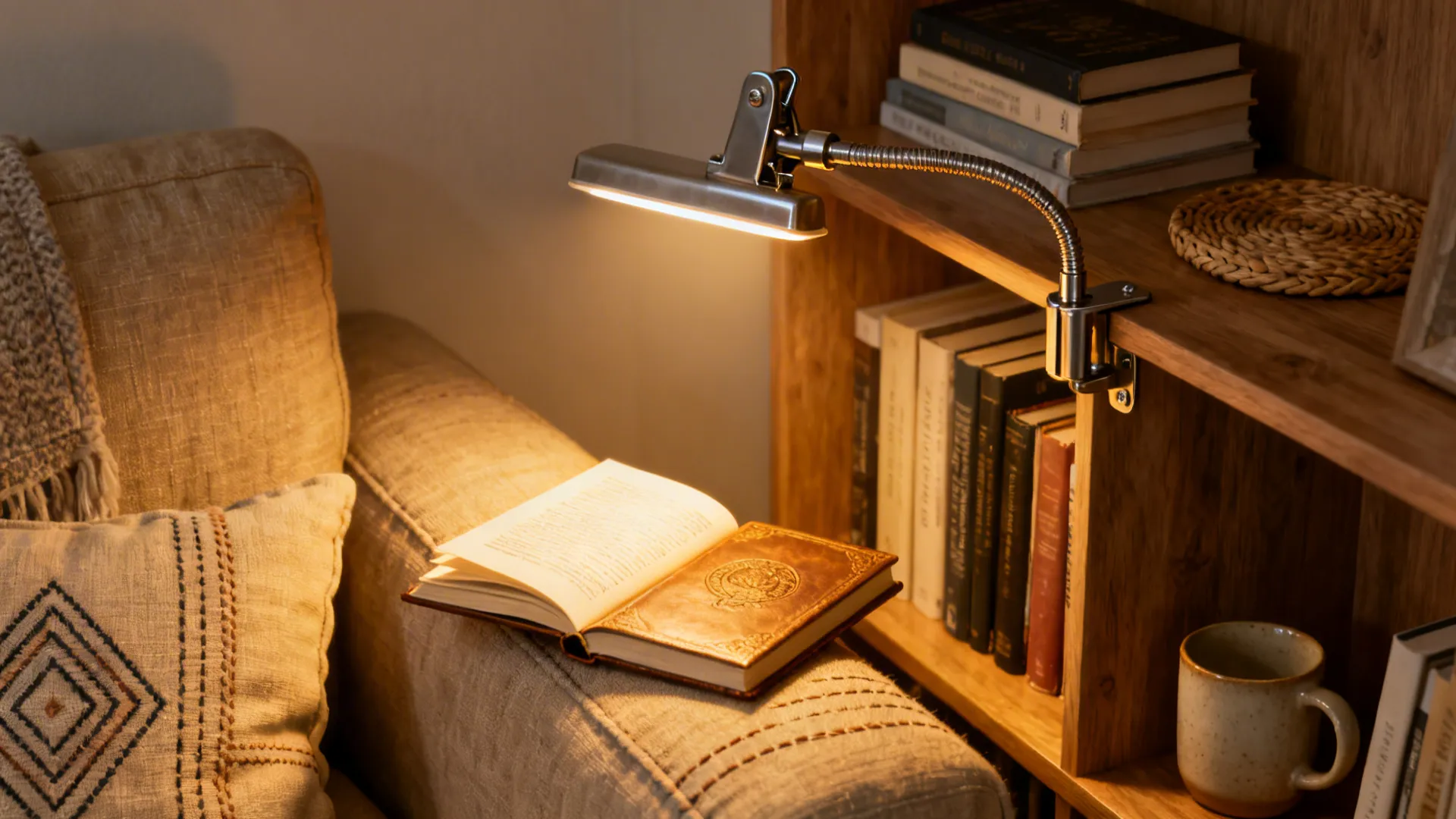Clip-on lamp attached to a bookshelf edge providing focused reading light in a small living room