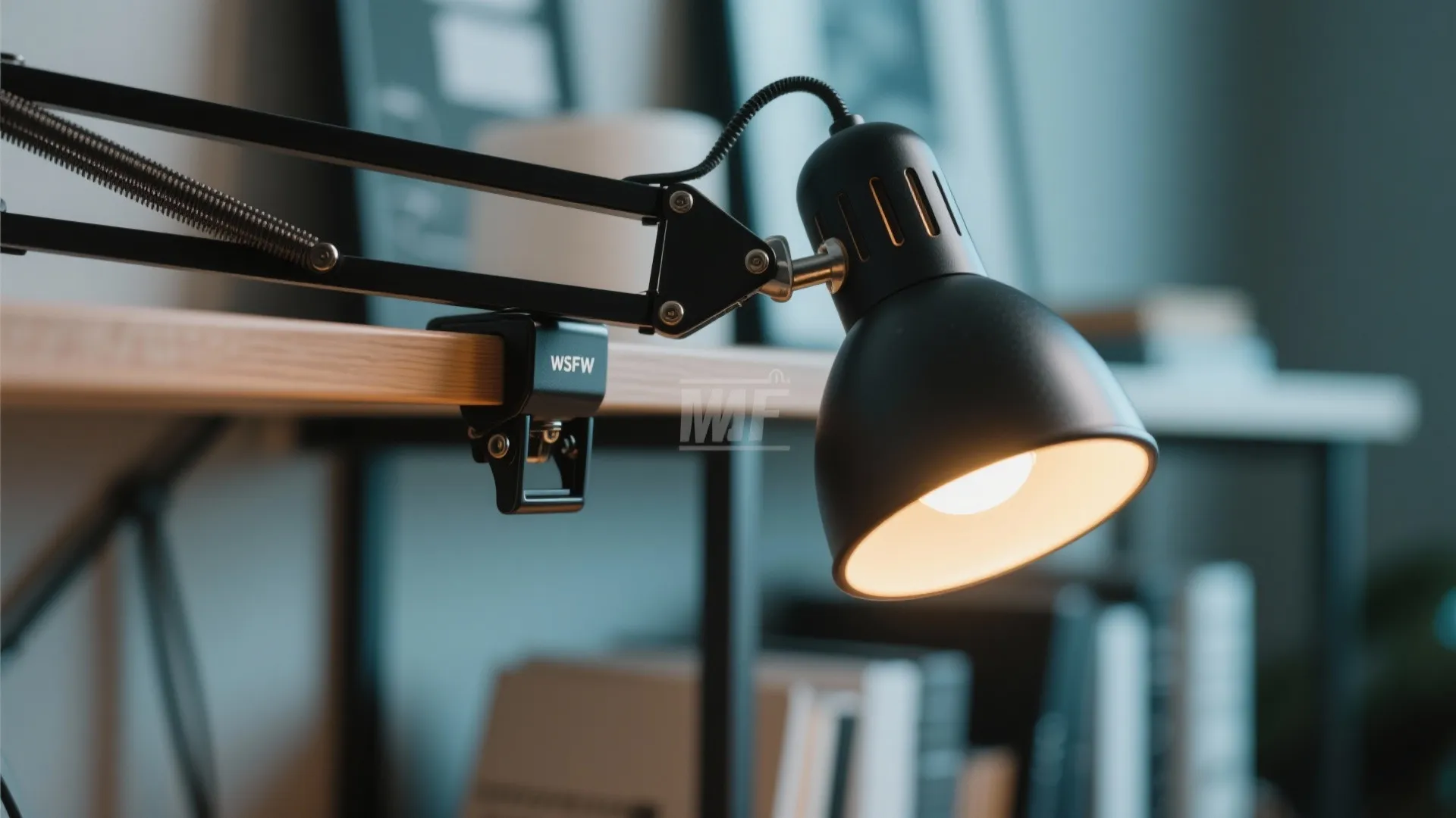 Black metal adjustable desk light fixture clipped onto a wooden tabletop in a modern office