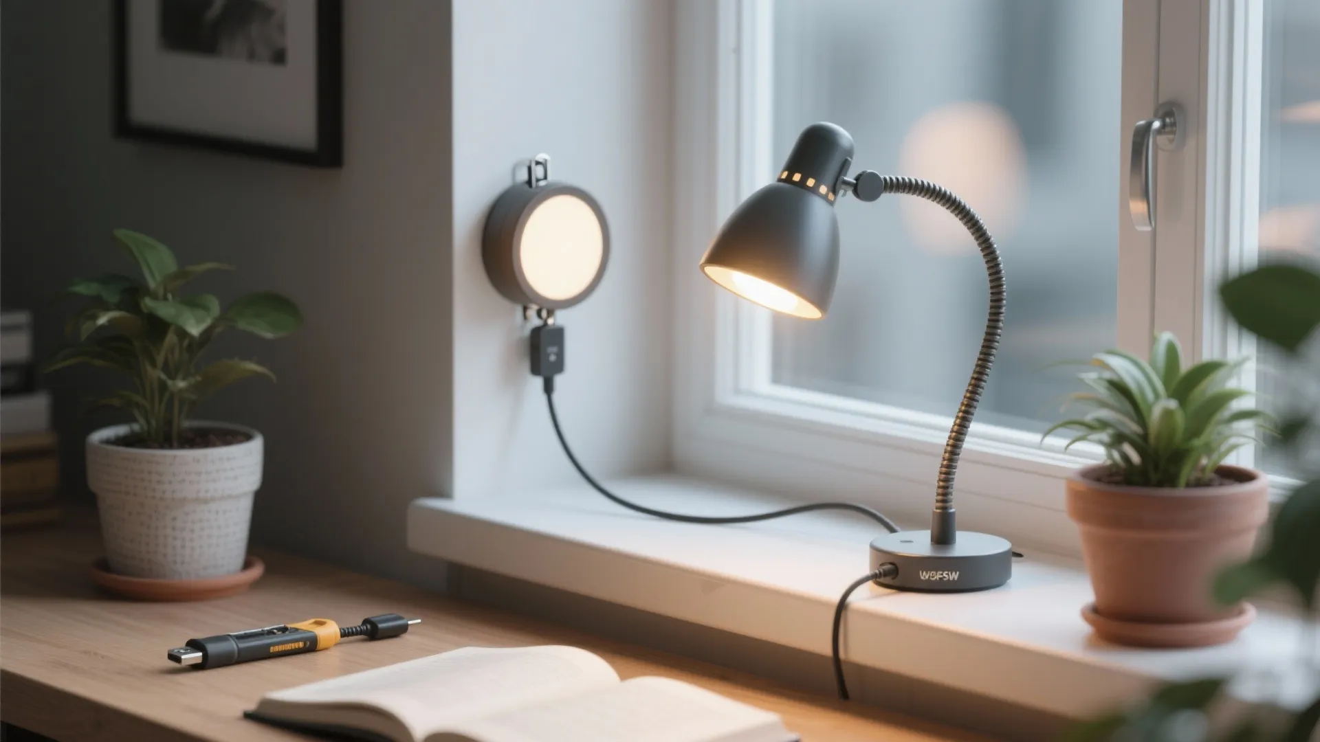 Desk with black table lamp and wall light near window with small plants and book