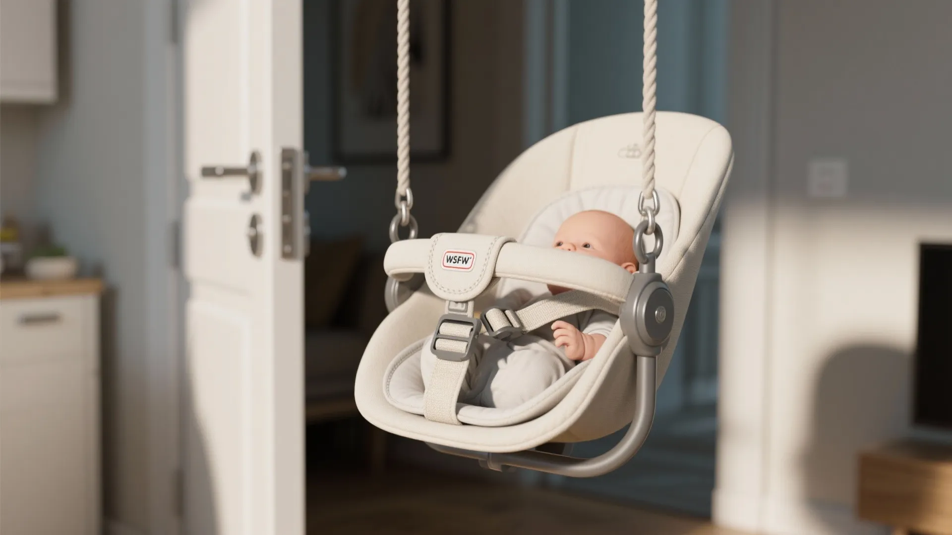 Baby swing seat attached to a doorway frame with a young child sitting inside safely