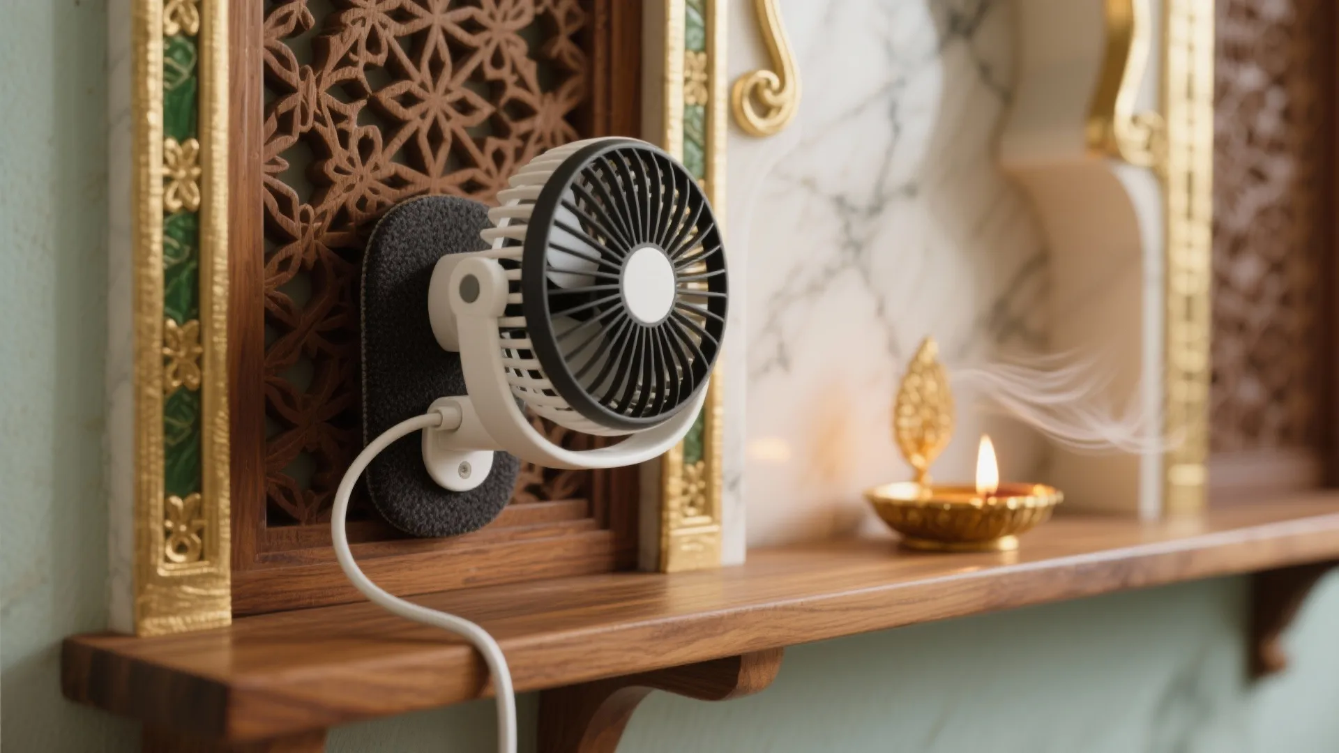 Macro of a clip-on mini fan hidden behind a carved jali panel, angled to bounce airflow along the wall with tidy cable management.