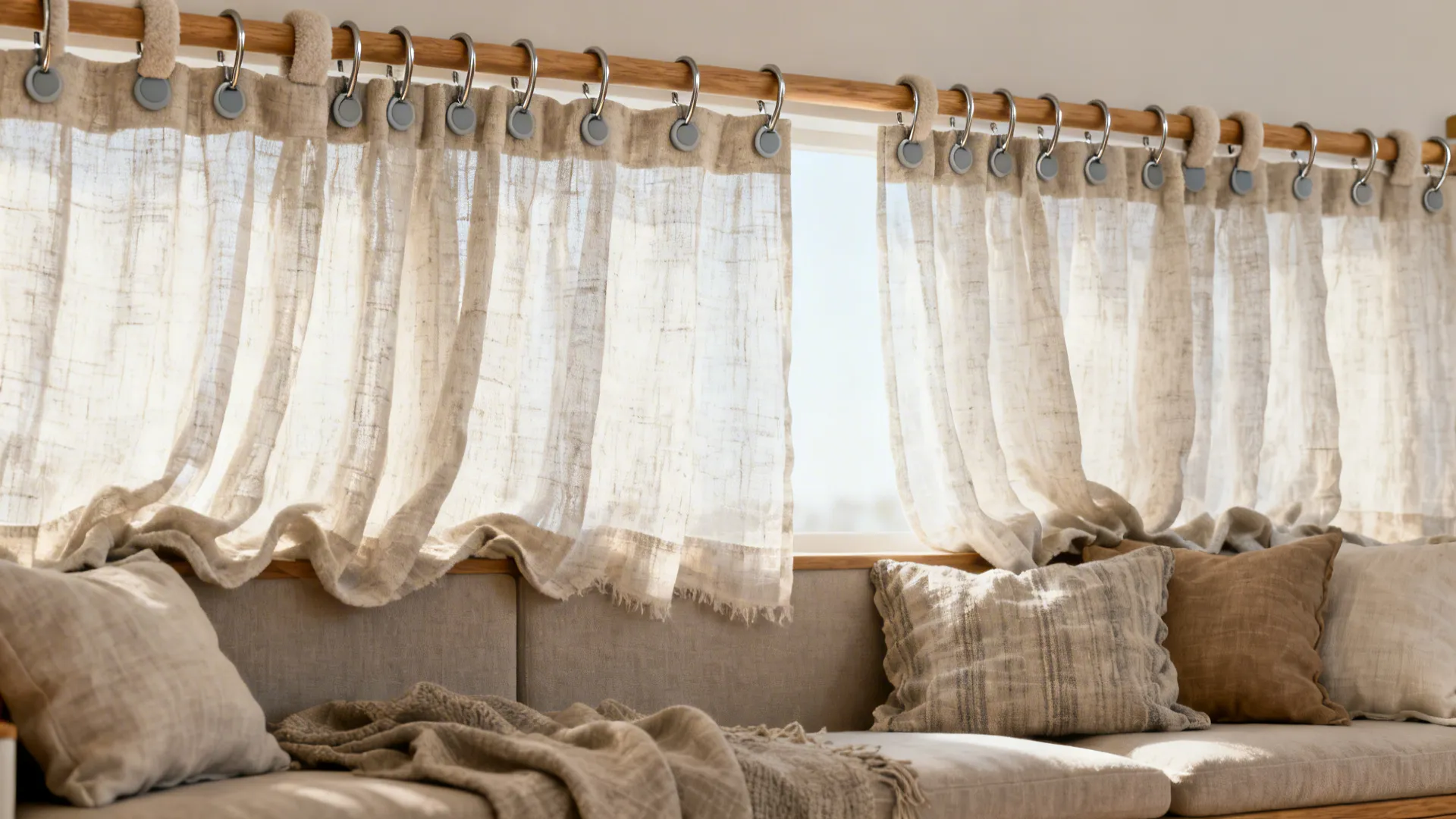 Scandinavian living room with textured curtains hanging from clip rings, some padded clips visible.