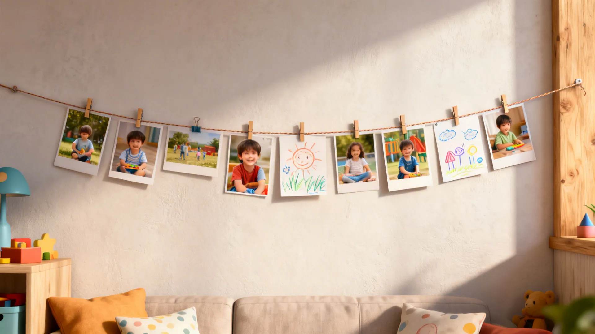 Casual photo lattice with a horizontal wire and clips showing family photos and kids' drawings.