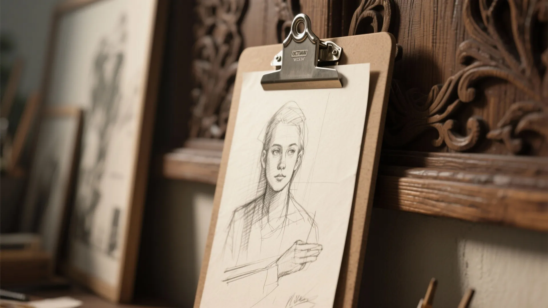 Portrait drawing of a woman on a brown clipboard leaning against a carved wooden wall
