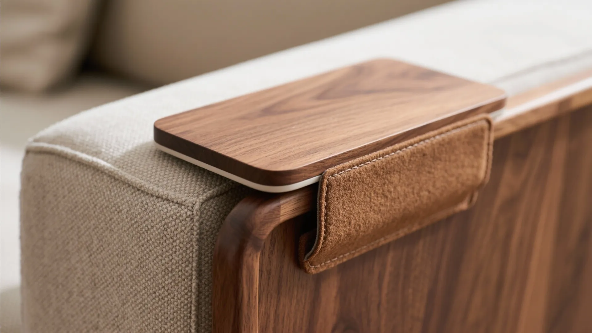 Clip-on sofa arm tables for zero-footprint convenience