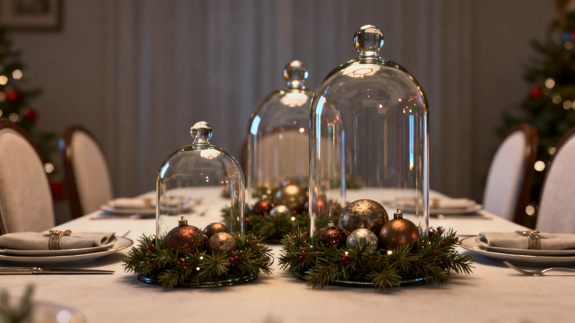Glass cloches of different heights over mini wreaths and ornaments on a dining table