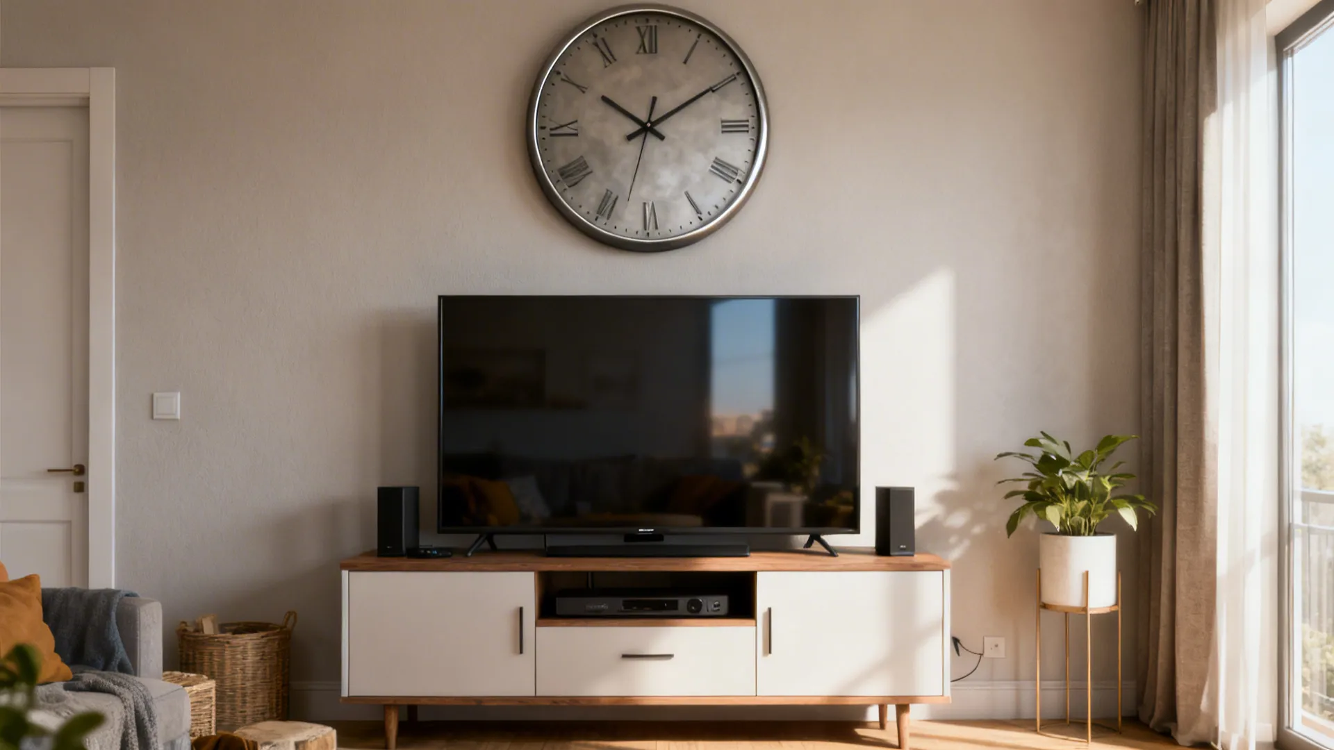 Large matte clock mounted above a media console with a TV, low-glare setup