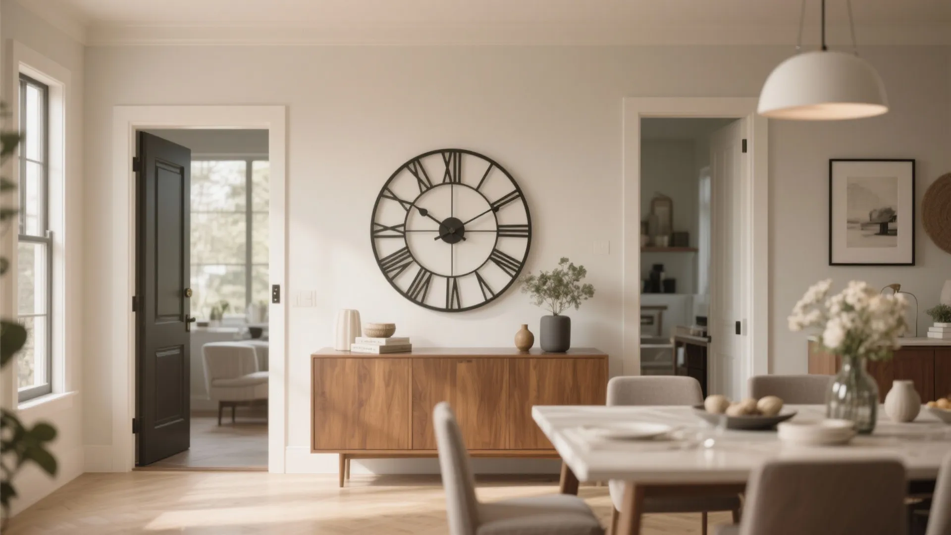 Black minimalist wall clock hanging above a wooden cabinet in a bright modern dining room