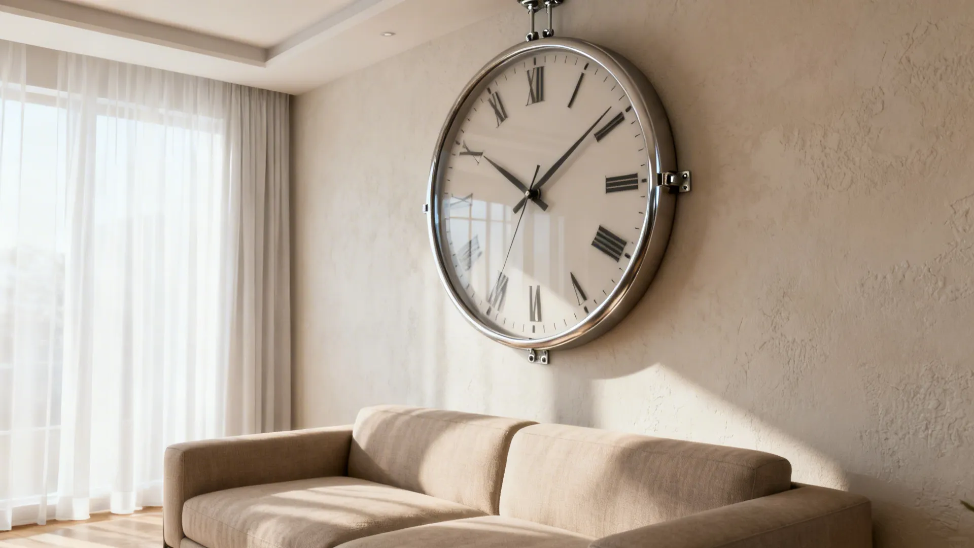 Low-ceiling living room with a 36-inch clock mounted above the sofa to create a horizontal focal point.