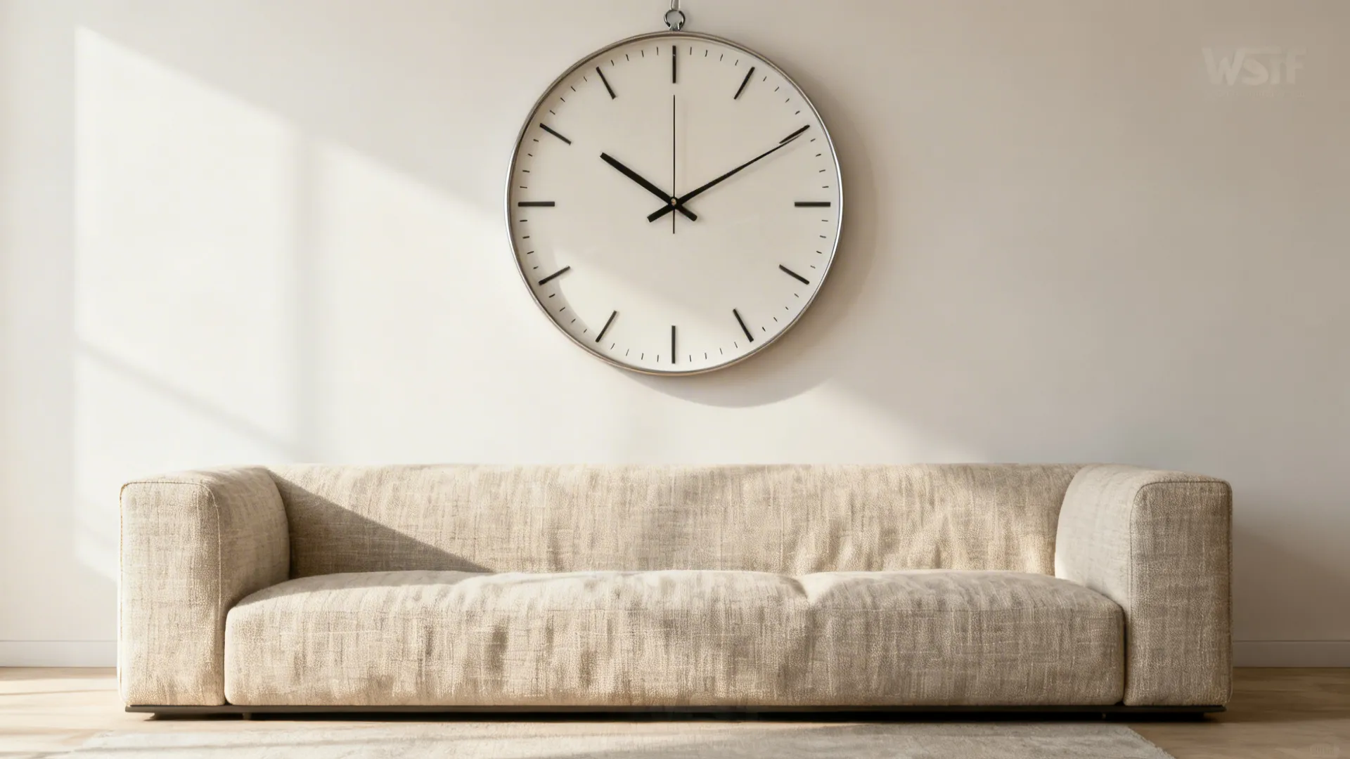 Large clock centered above a low-profile sofa creating a strong horizontal anchor in a minimalist living room.