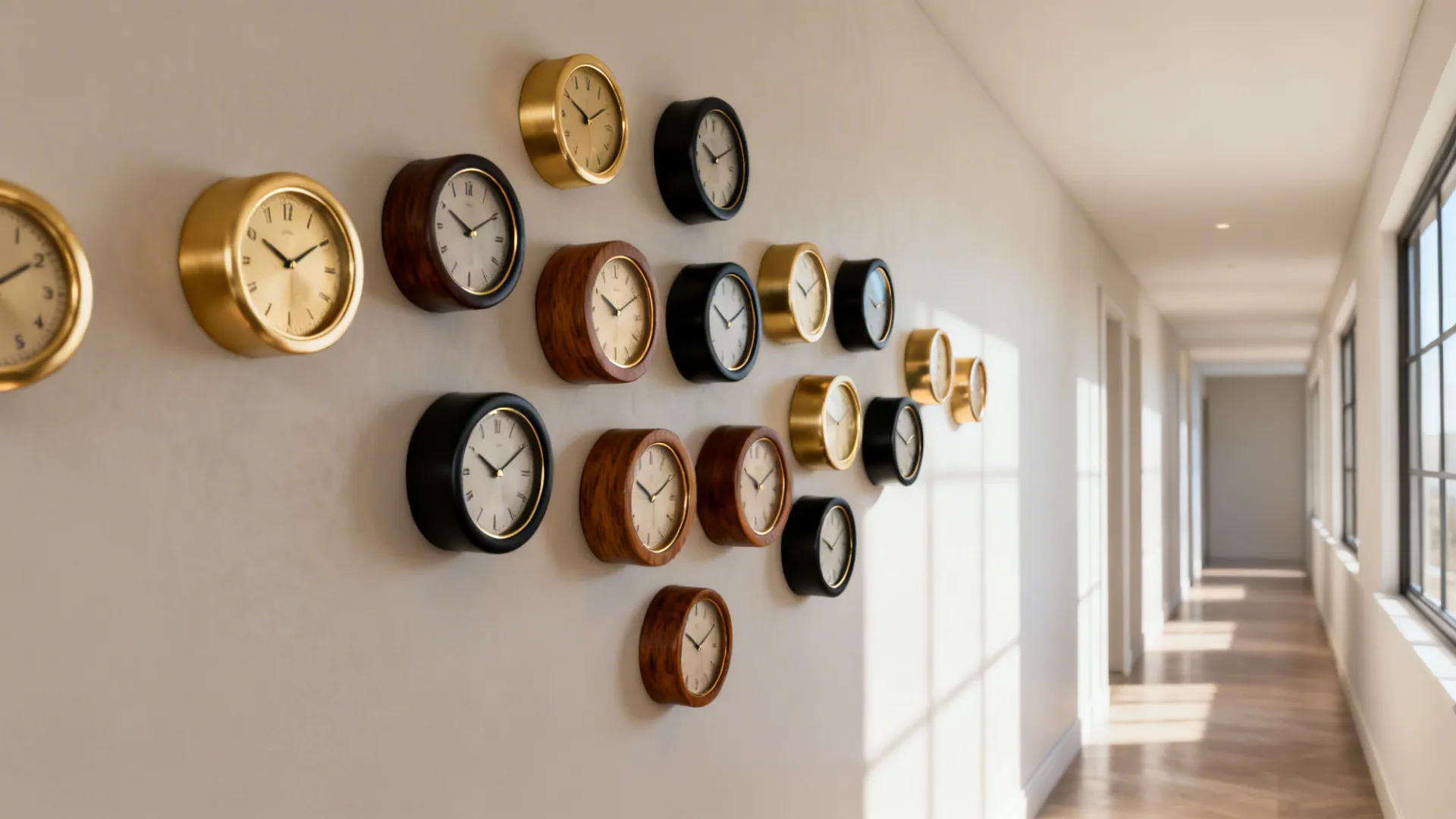 Asymmetric cluster of small luxury clocks in brass, black and wood finishes on a long wall