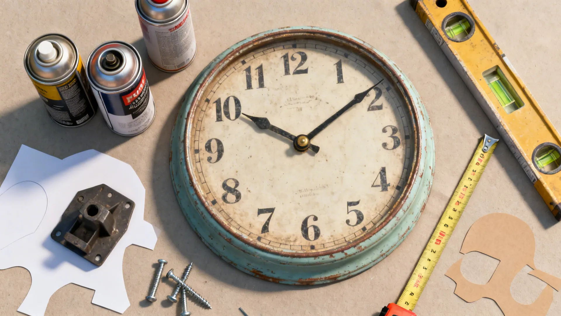 Flatlay of DIY oversized clock materials, spray paint, mounting hardware, level and paper mockups.