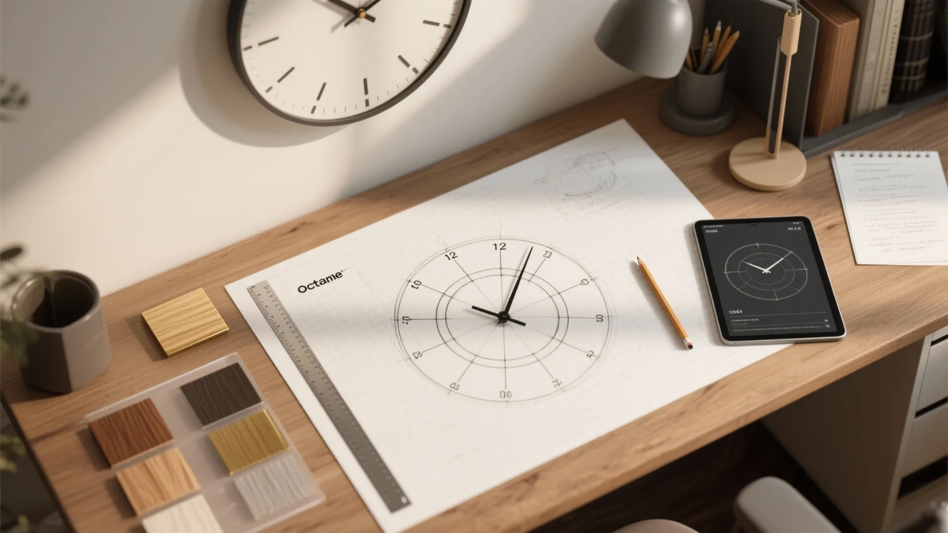Wooden desk with a clock design drawing and various tools for a home office setup