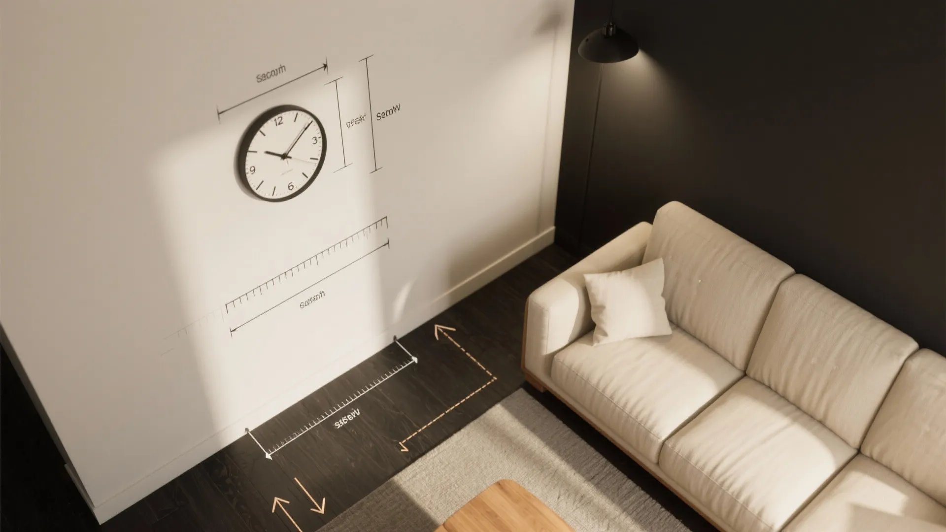 Top-down diagram-style scene showing clock height, spacing above furniture, size options, and diffuse lighting for glare control.