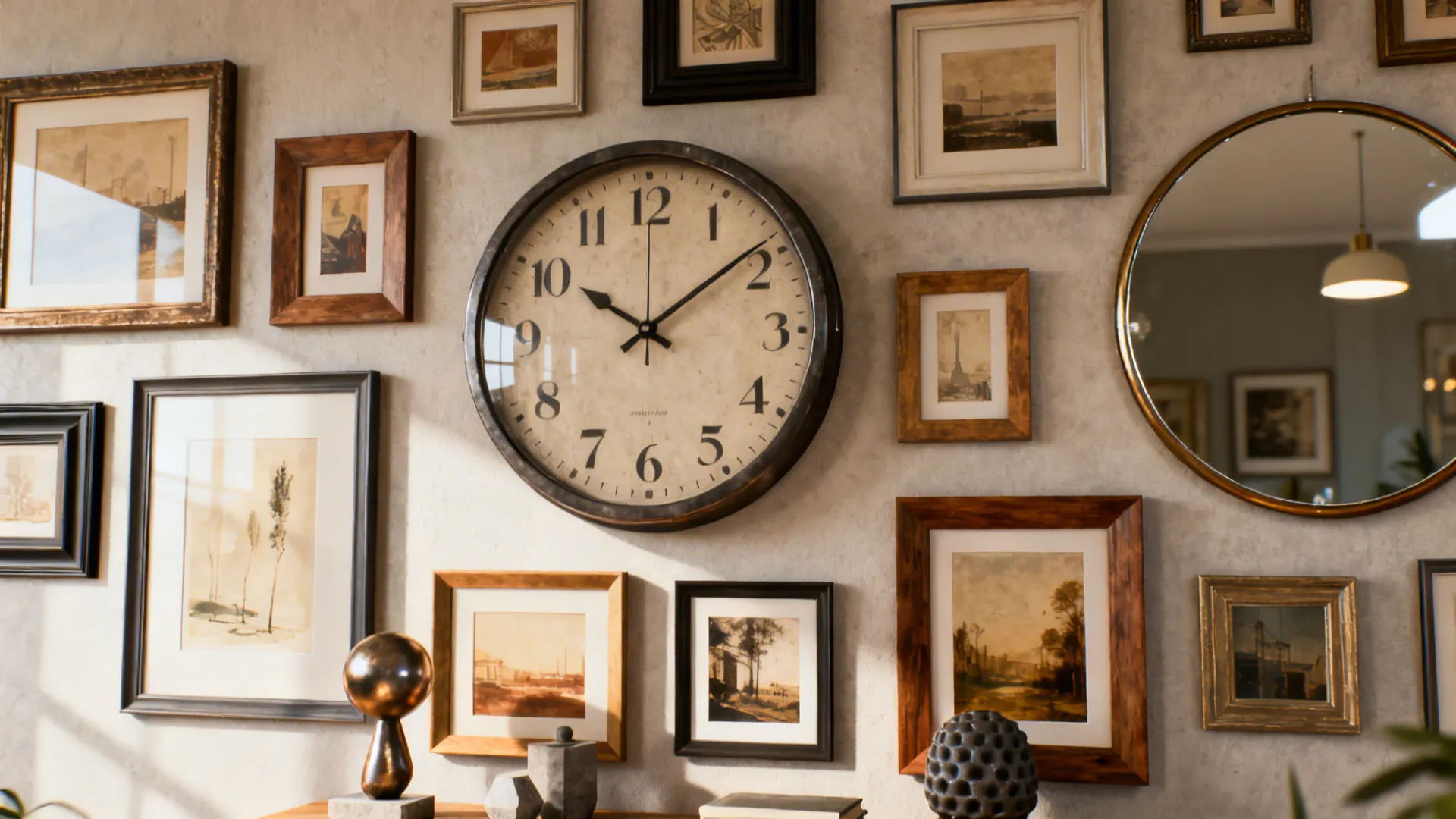 Gallery wall centered around an oversized clock with framed prints and sculptural accents.