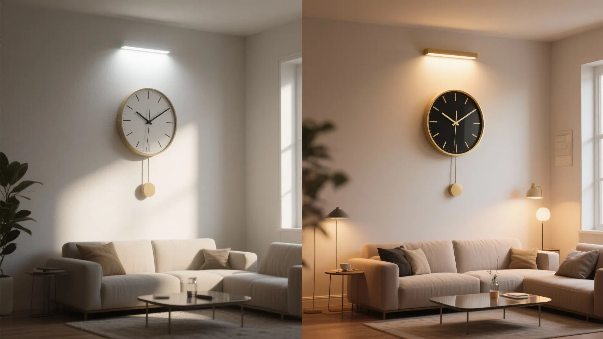 Side-by-side comparison of a living room wall clock with cool white and warm yellow lighting