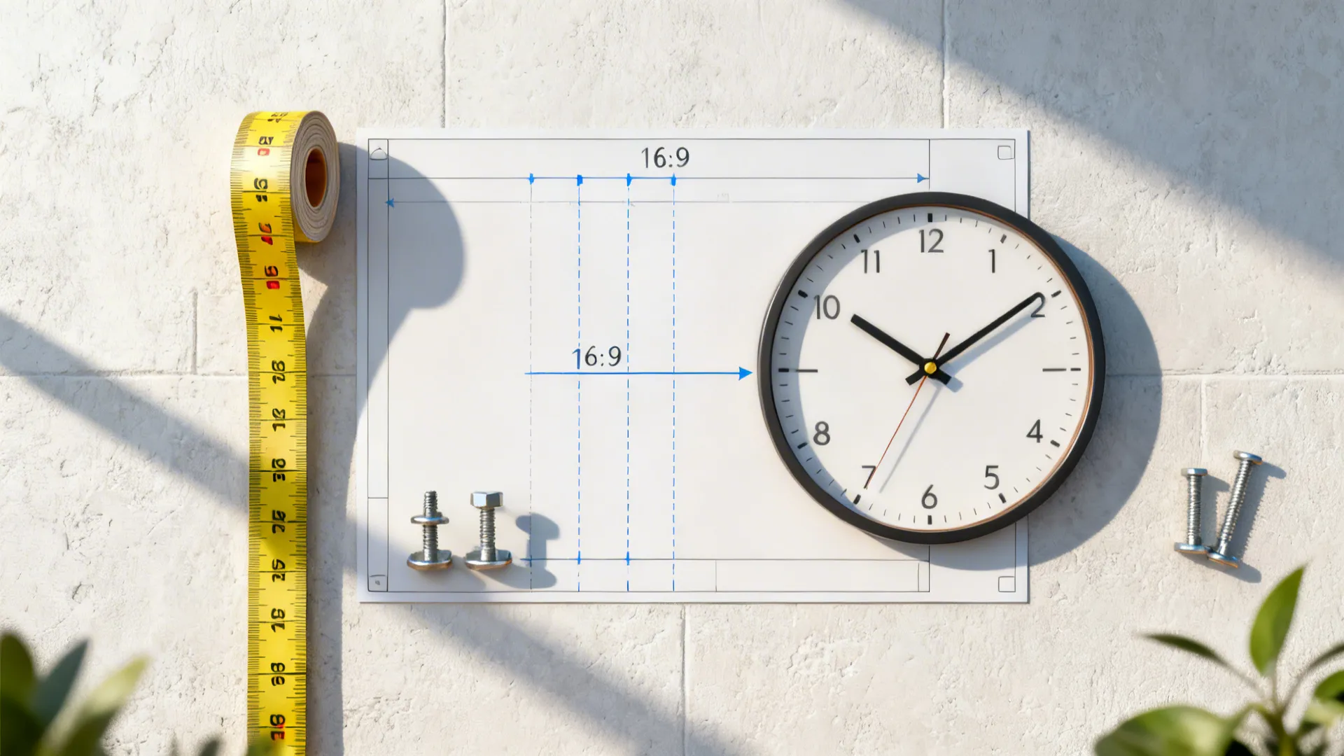 Top-down visual guide illustrating measuring and mounting steps for hanging a large wall clock safely.