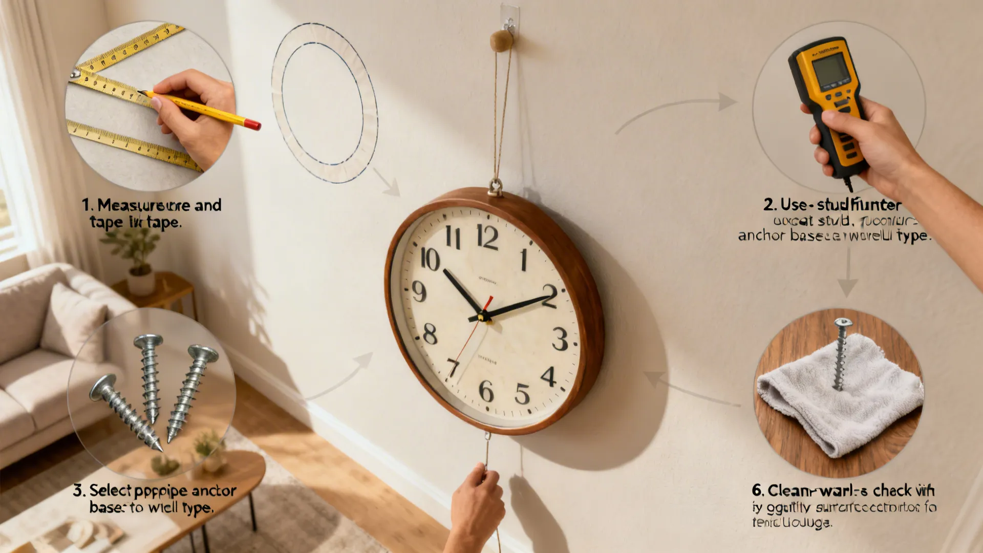 Top-down step-by-step visual guide for measuring and anchoring a heavy clock
