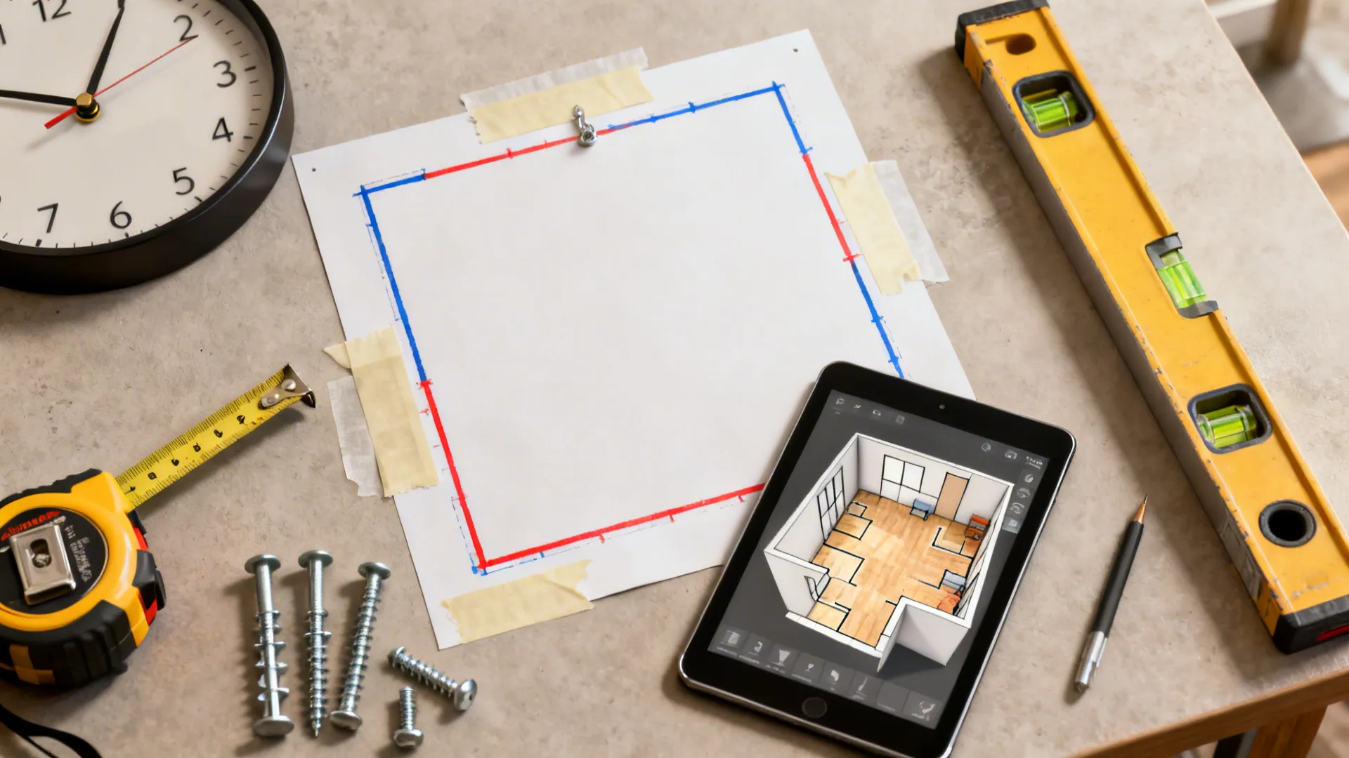 Top-down flatlay of measuring tape, painter's tape mockup, anchors and a tablet with a room planner