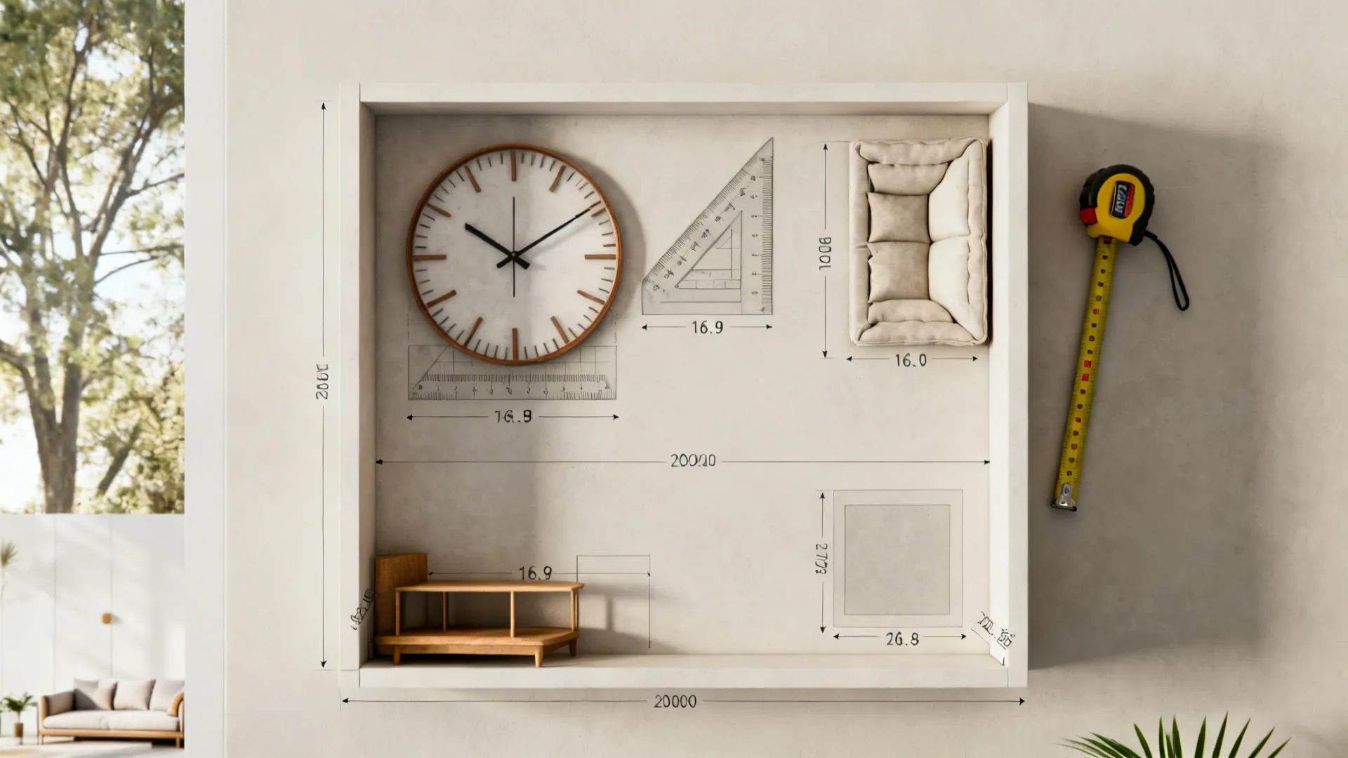 Top-down planner layout for hanging a statement wall clock with scale overlays and furniture footprints