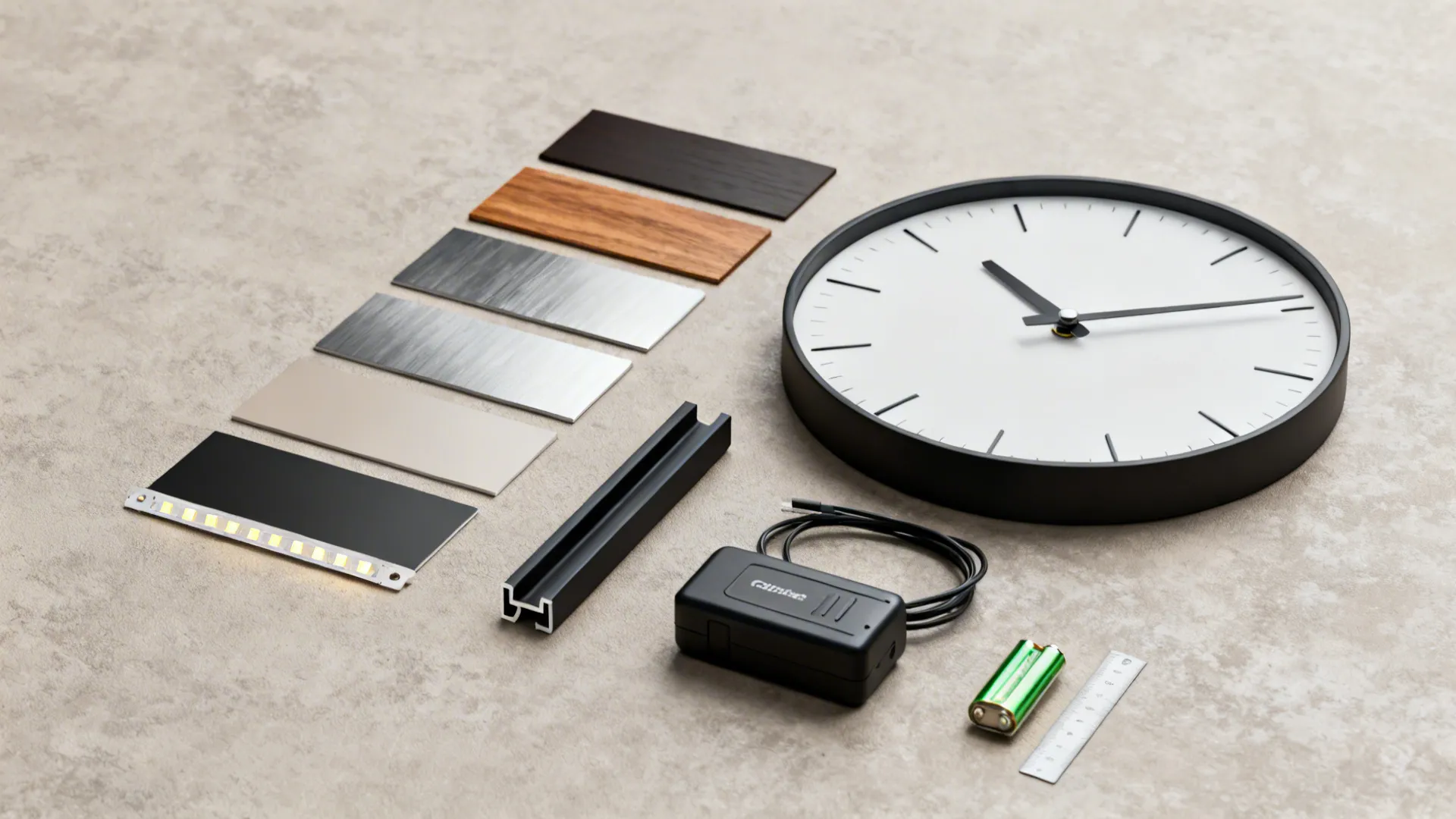 Flatlay of clock materials and accessories including wood, metal swatches, LED strip and cable raceway