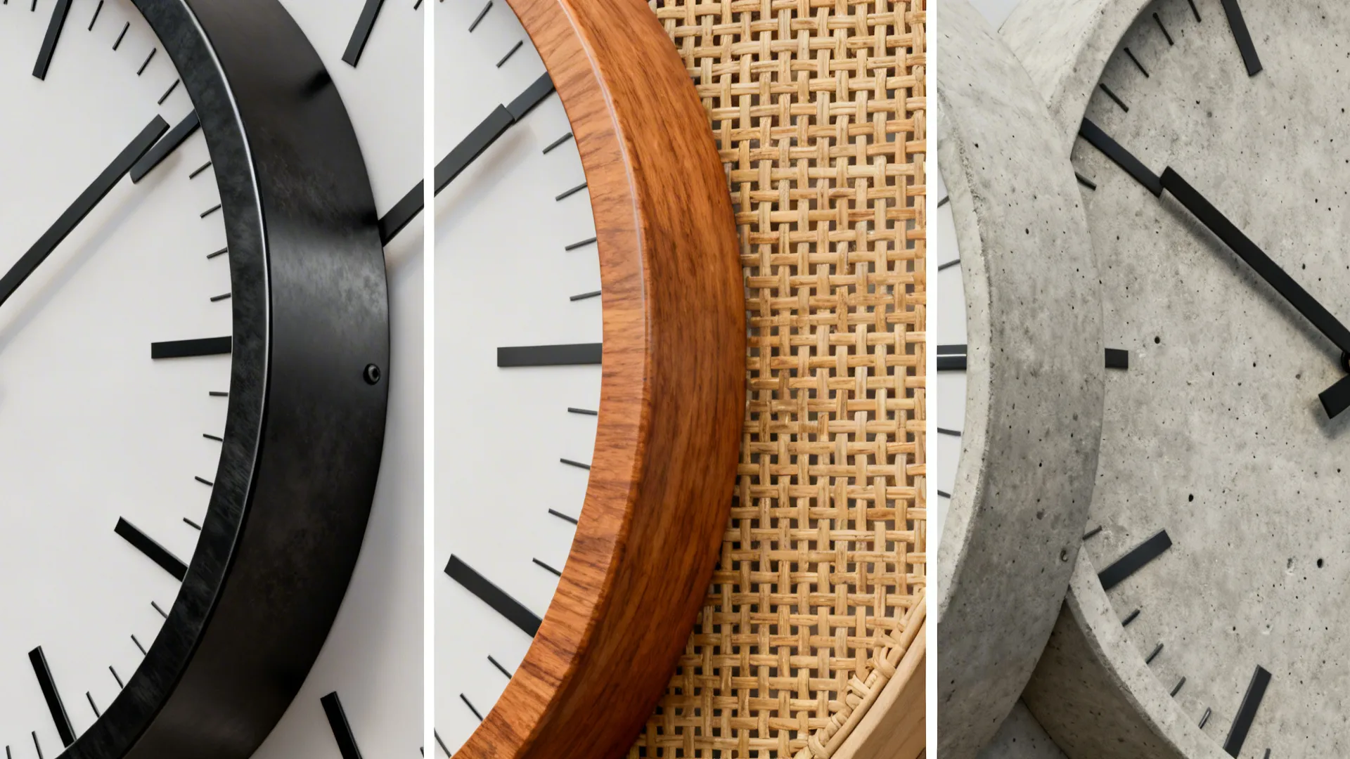 Close-up of oversized clock materials: metal, oak, rattan, and concrete textures.