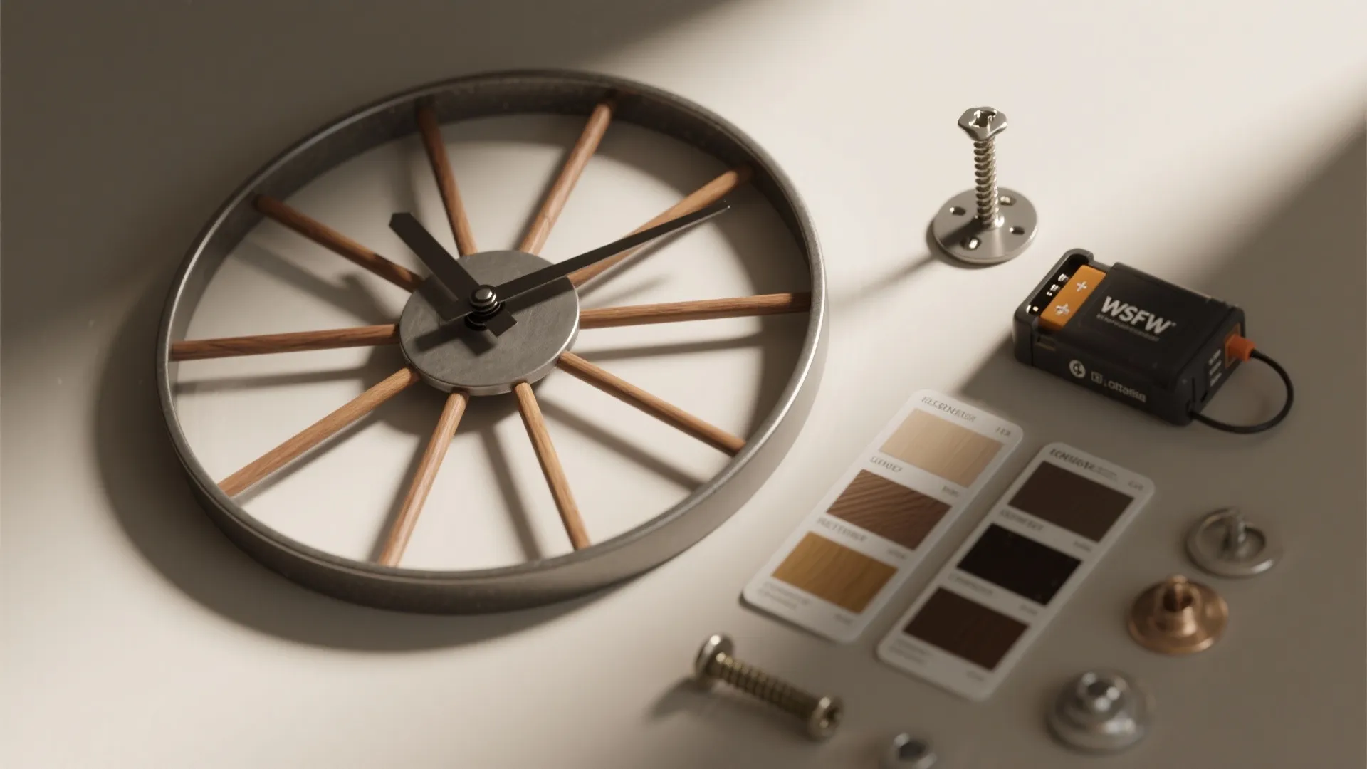 Flatlay of clock materials and mounting hardware including anchors and removable hooks.